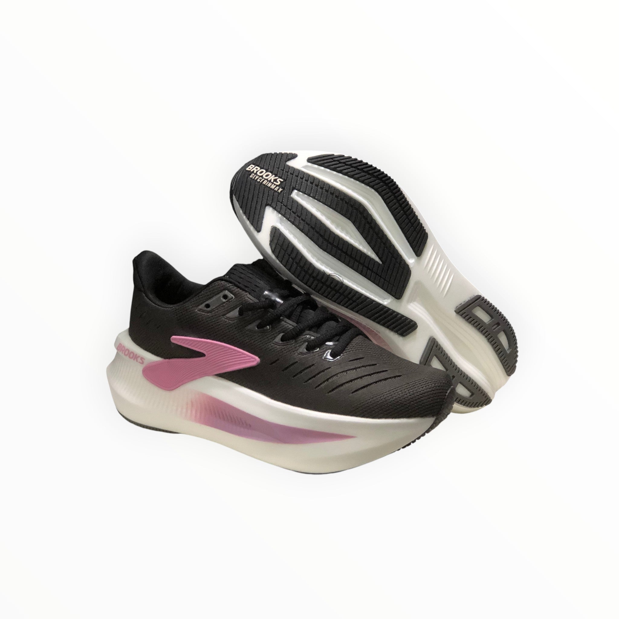 EWW Sports Shoes black mesh running shoes with pink accents and thick white soles, featuring a GlideRoll rocker for smooth transitions.