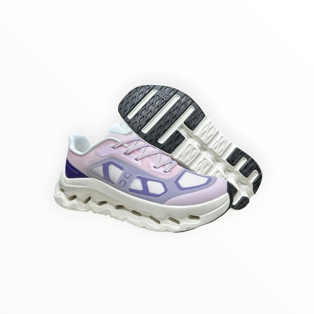 EWW Sports Shoes On Cloudtilt Remix pink and purple sneakers with layered see-through upper and white sculpted sole.