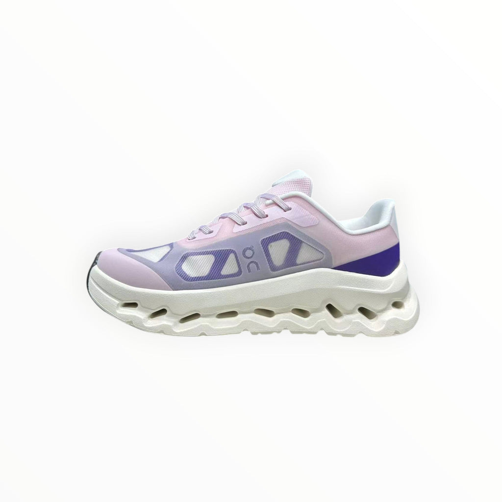 EWW Sports Shoes On Cloudtilt Remix pink and purple sneakers with a translucent layered upper and chunky white sole.