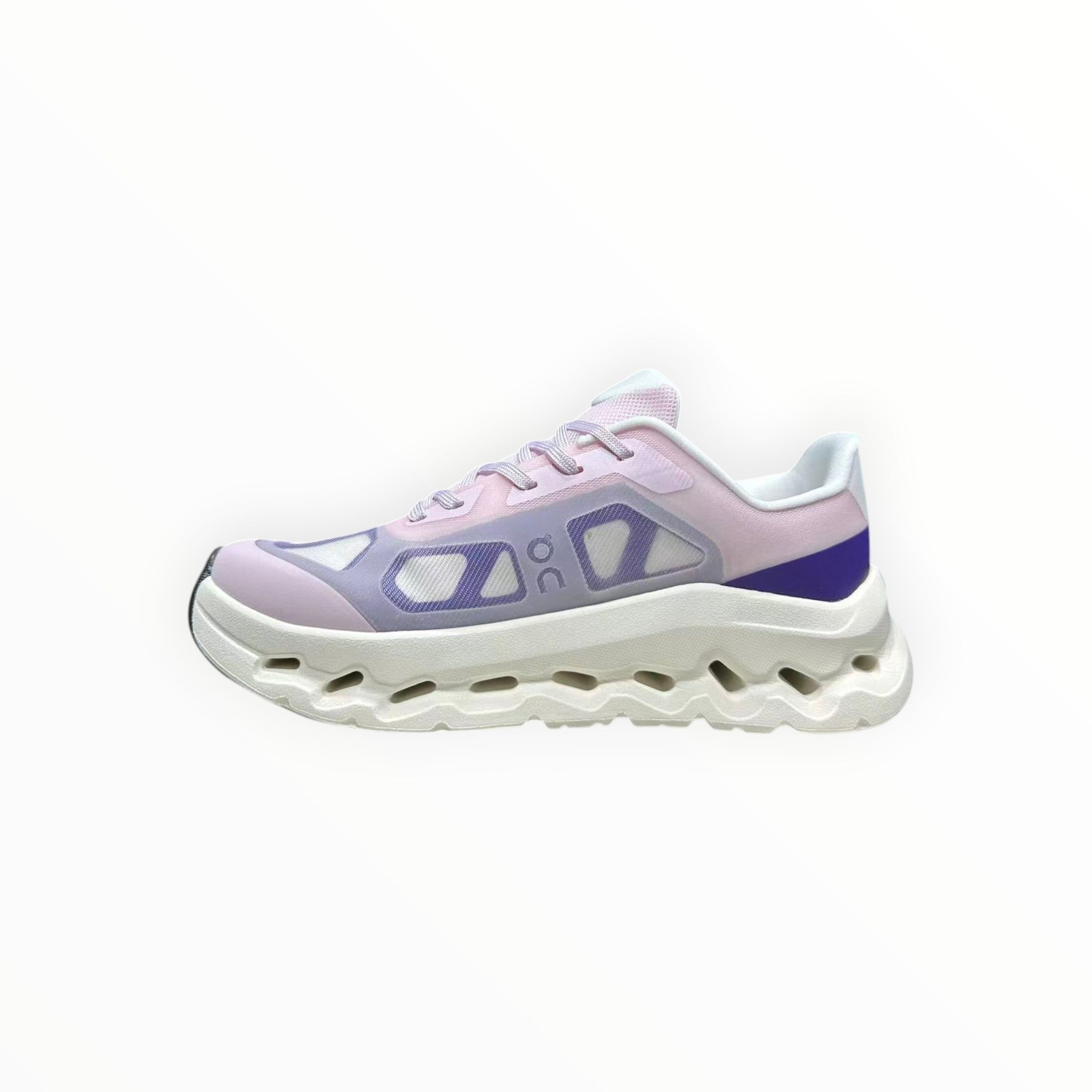 EWW Sports Shoes On Cloudtilt Remix pink and purple sneakers with a translucent layered upper and chunky white sole.