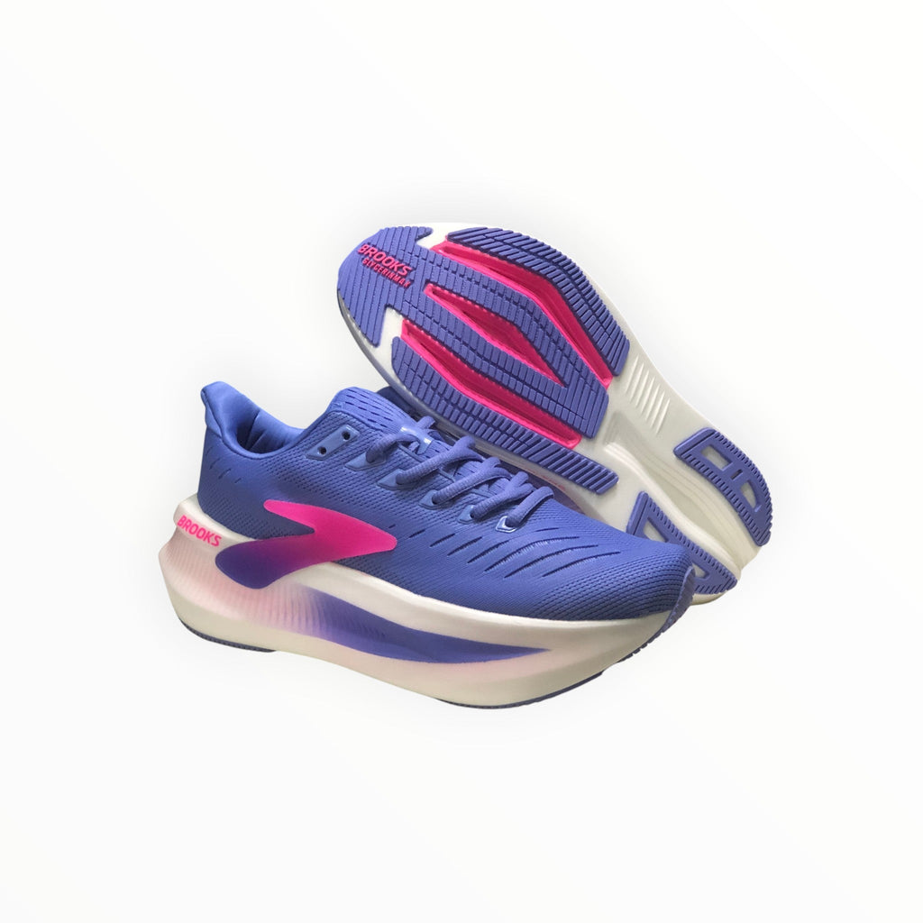 EWW Sports Shoes Men's Glycerin Max 2 running shoes in blue with pink accents. Features plush cushioning and a smooth GlideRoll™ Rocker.