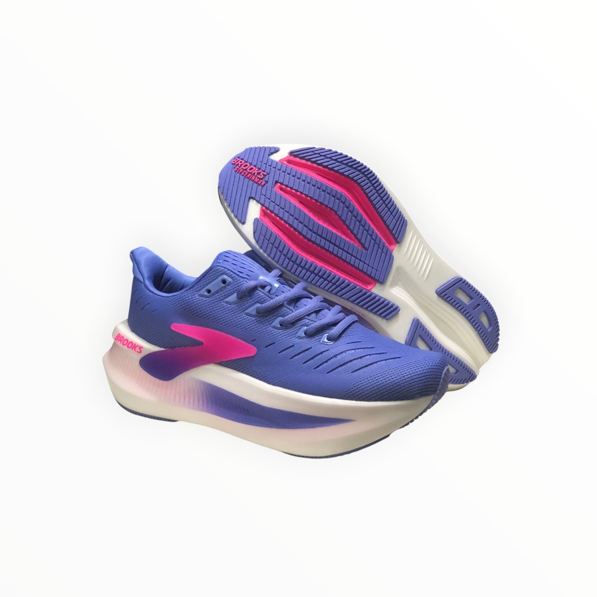 EWW Sports Shoes Men's Glycerin Max 2 running shoes in blue with pink accents. Features plush cushioning and a smooth GlideRoll™ Rocker.