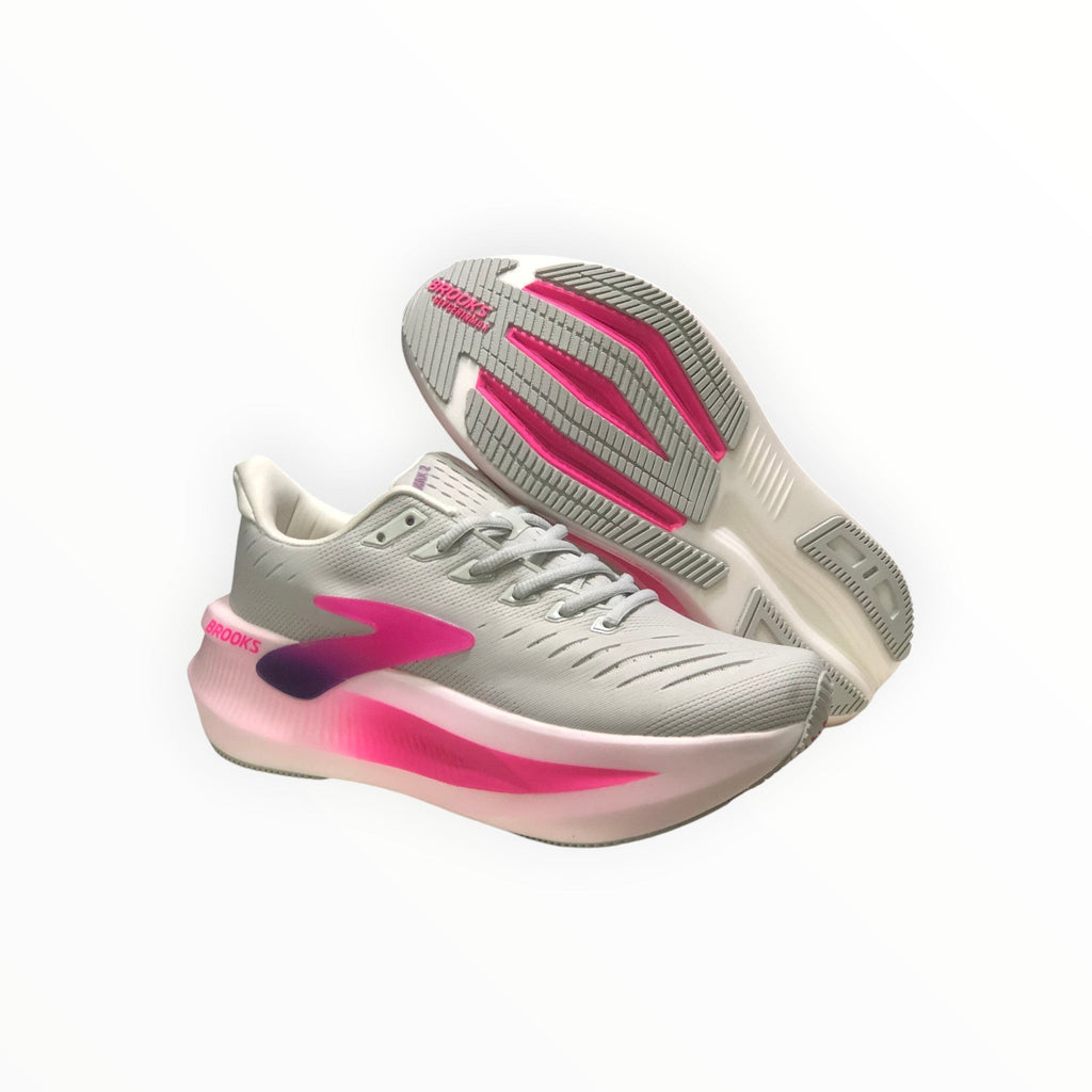 EWW Sports Shoes Men's Glycerin Max 2 running shoes in grey with pink accents and a thick white sole. Designed for maximum cushioning and smooth transitions.