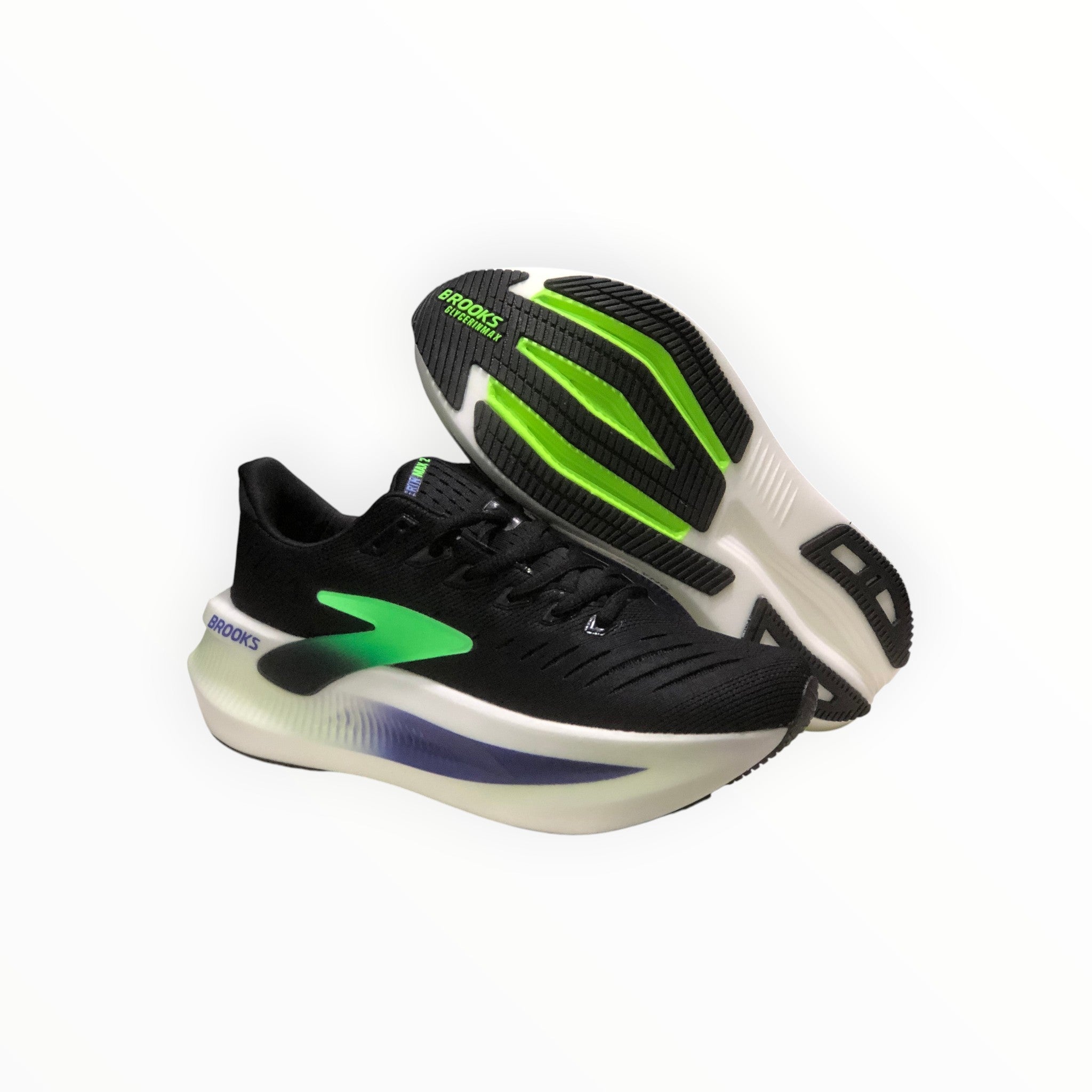 EWW Sports Shoes Men's Glycerin Max 2 running shoes in black with green accents and a white sole. Features plush cushioning and a smooth stride.