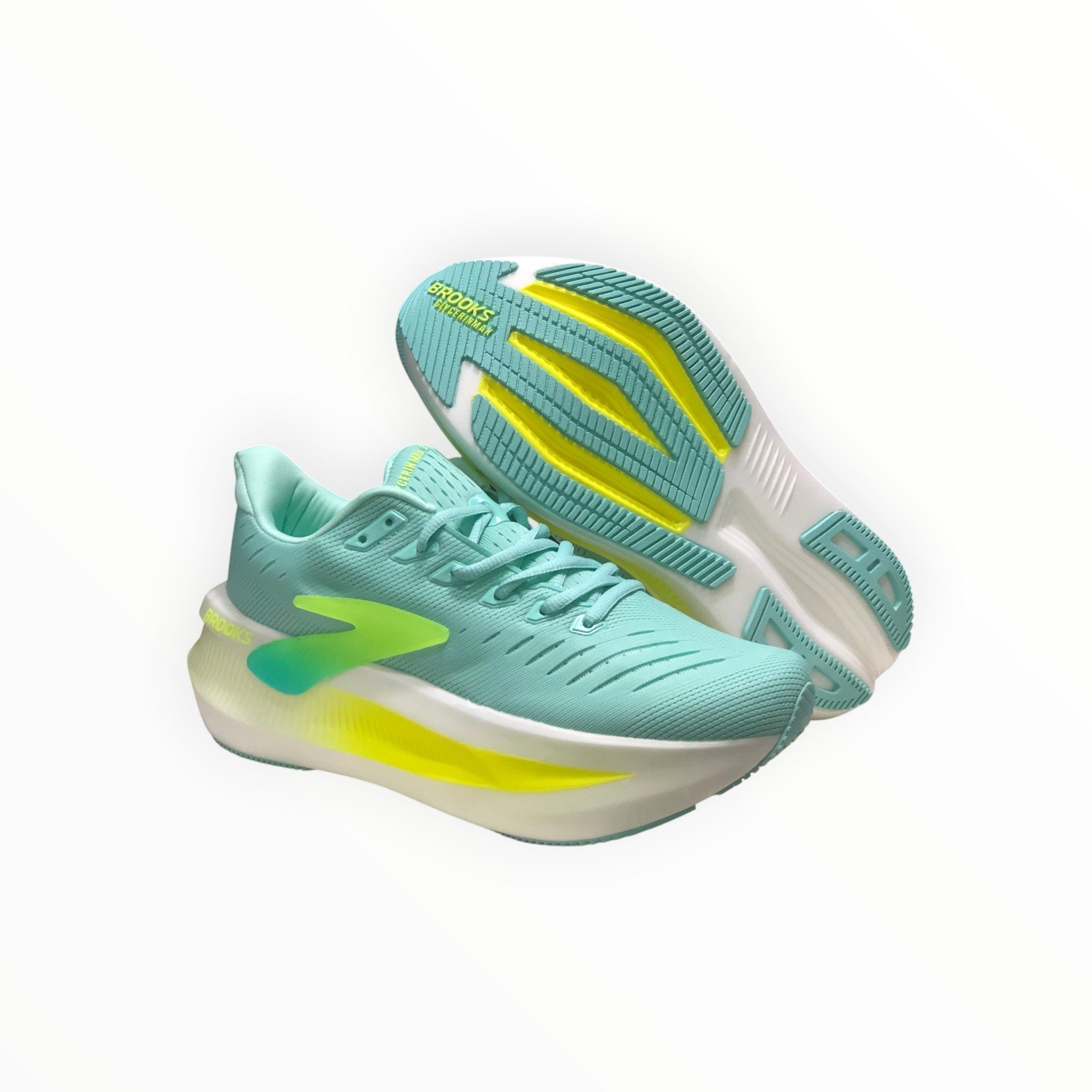 EWW Sports Shoes Glycerin Max 2 men's running shoes in mint green with yellow accents and white soles.