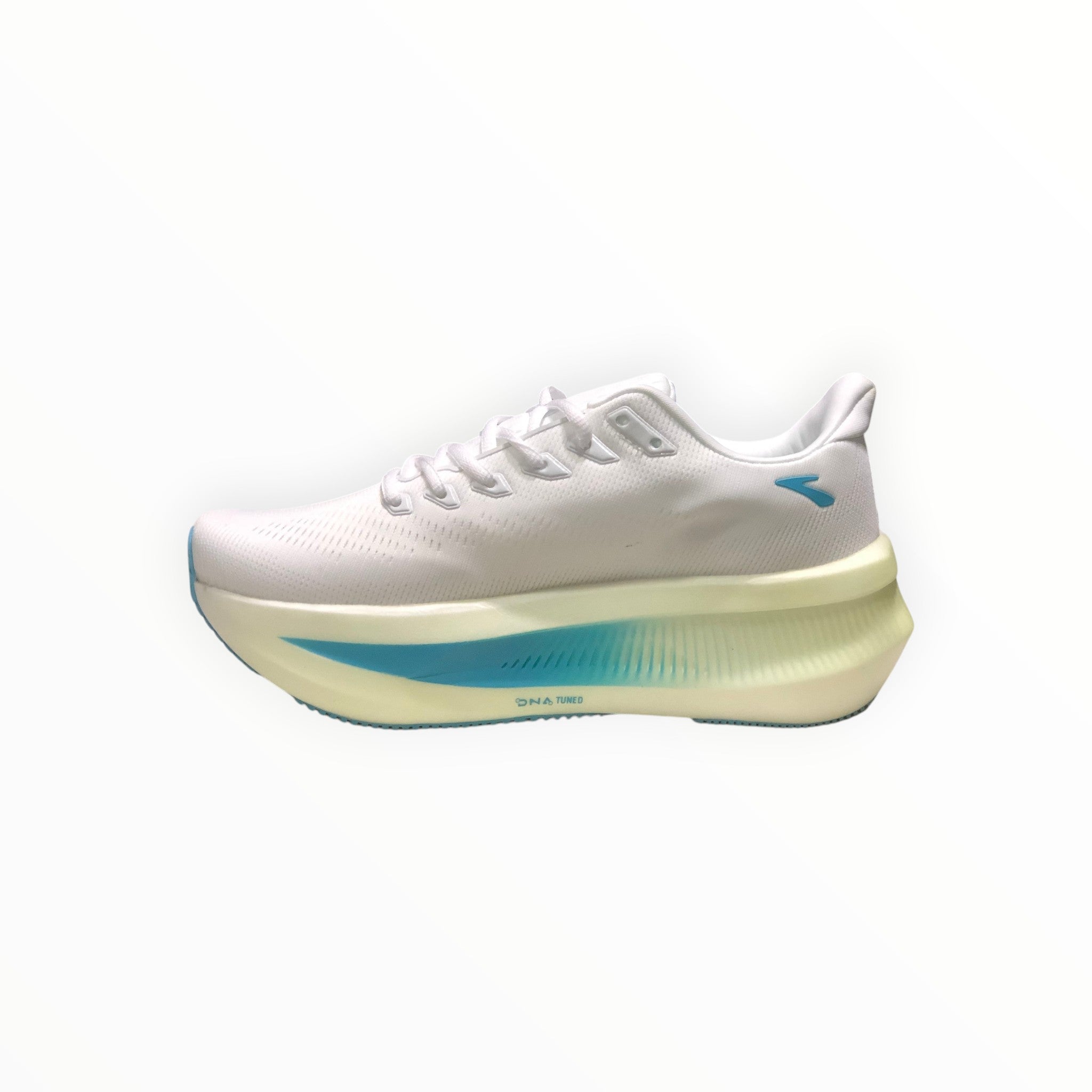 EWW Sports Shoes Men's Glycerin Max 2 running shoes in white with blue and light yellow accents. Features plush cushioning and a smooth GlideRoll rocker.