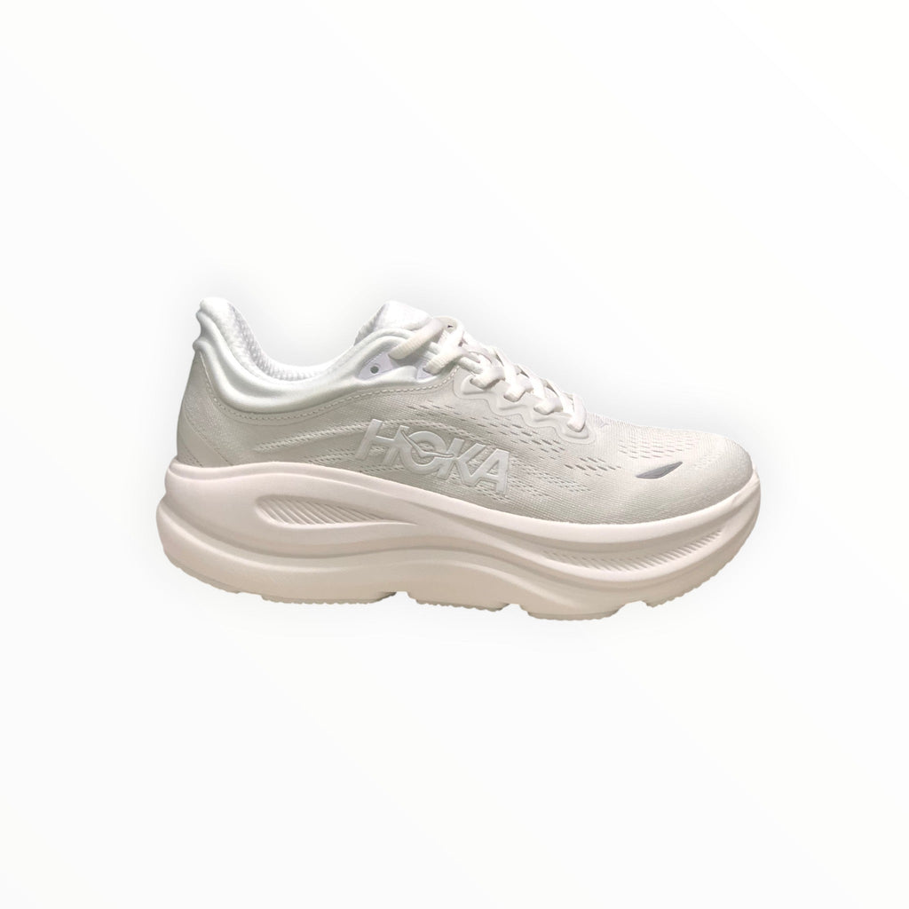 EWW Sports Shoes Hoka Bondi 9 men's all white running shoe with maximum cushioning and engineered mesh upper.