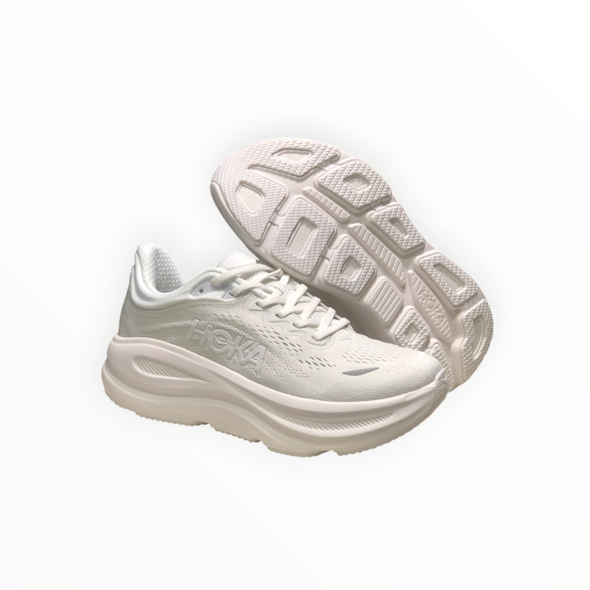 EWW Sports Shoes Hoka Bondi 9 men's all white engineered mesh running shoes with plush cushioning and Meta-Rocker technology.
