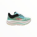 EWW Sports Shoes Men's Hoka Bondi 9 running shoe in green and light blue with pink Hoka logo and white midsole.