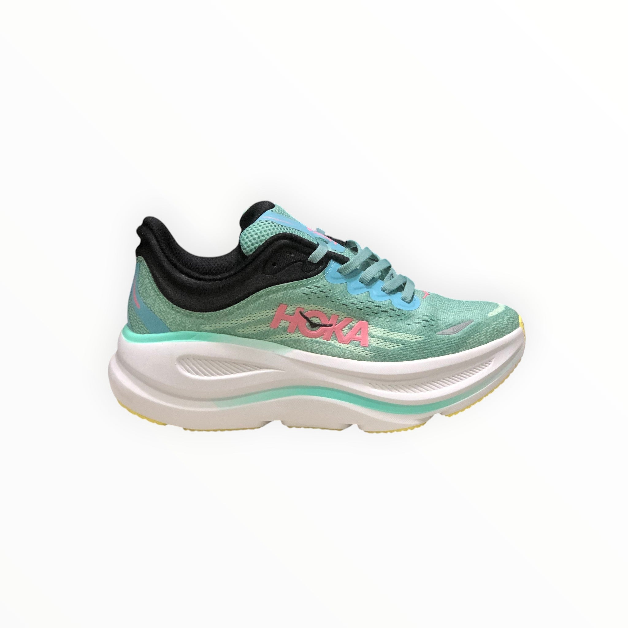 EWW Sports Shoes Men's Hoka Bondi 9 running shoe in green and light blue with pink Hoka logo and white midsole.