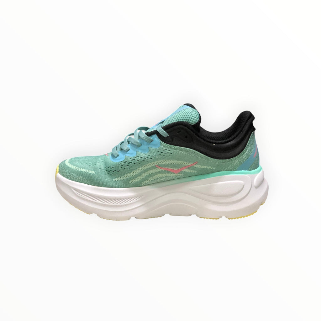 EWW Sports Shoes Hoka Bondi 9 men's running shoe in green and light blue with pink accents and a thick white midsole.