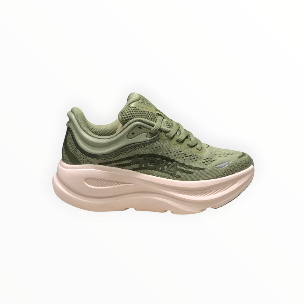 EWW Sports Shoes Men's Hoka Bondi 9 green running shoe with plush cushioning and breathable mesh upper.