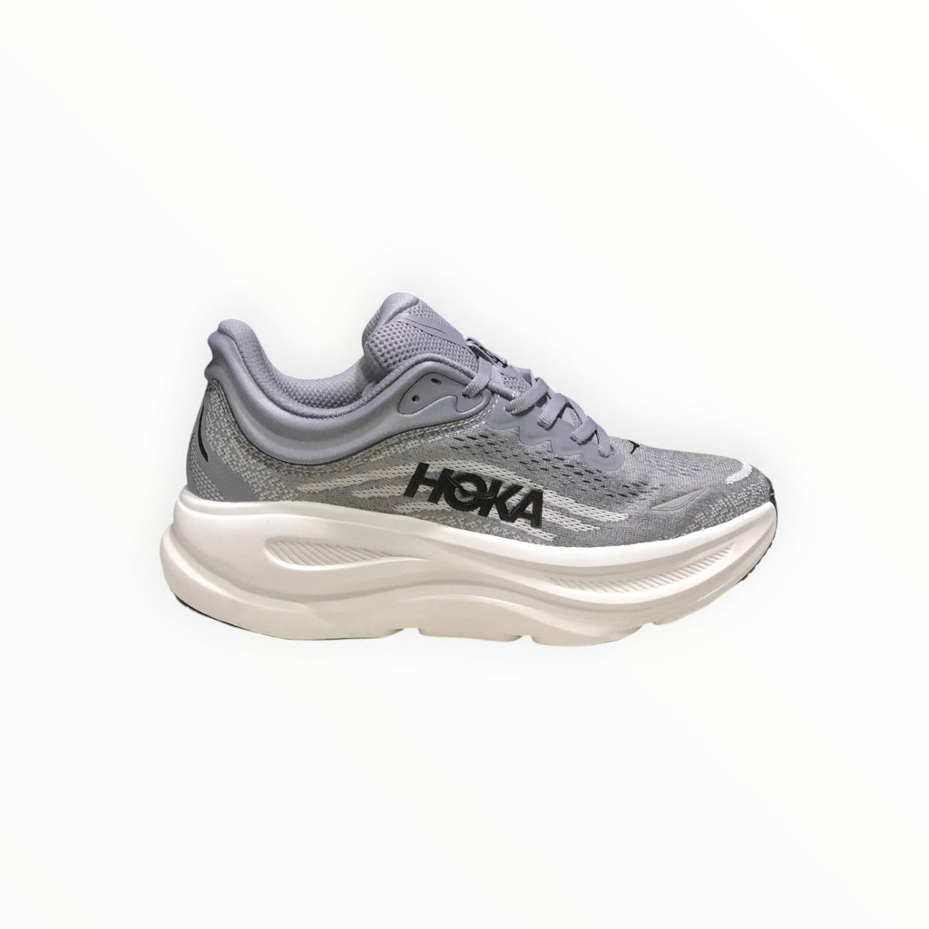 EWW Sports Shoes men's grey Hoka Bondi 9 running shoe with maximum cushioning and engineered mesh upper.