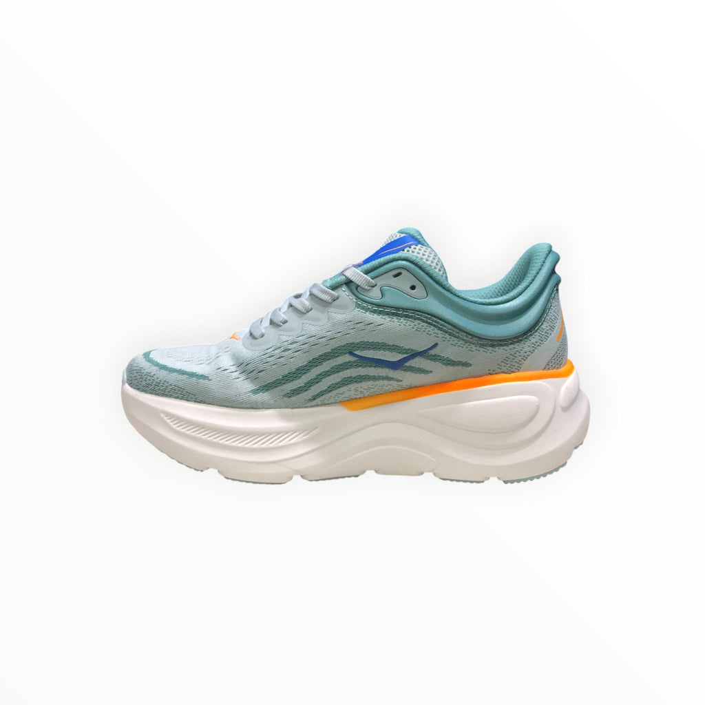 EWW Sports Shoes Men's Hoka Bondi 9 light blue & orange running shoe with maximum cushioning and engineered mesh upper.