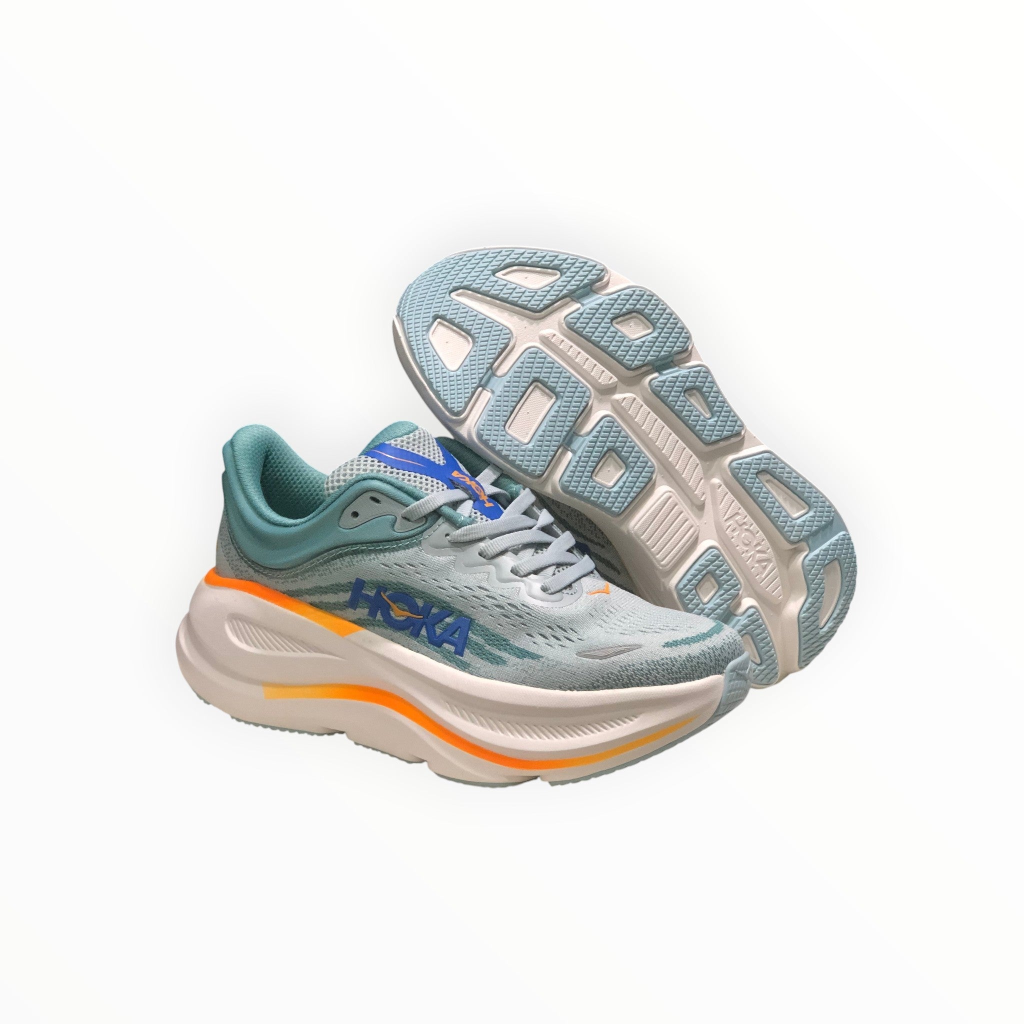 EWW Sports Shoes Hoka Bondi 9 men's light blue and orange running shoes with maximum cushioning and engineered mesh upper.