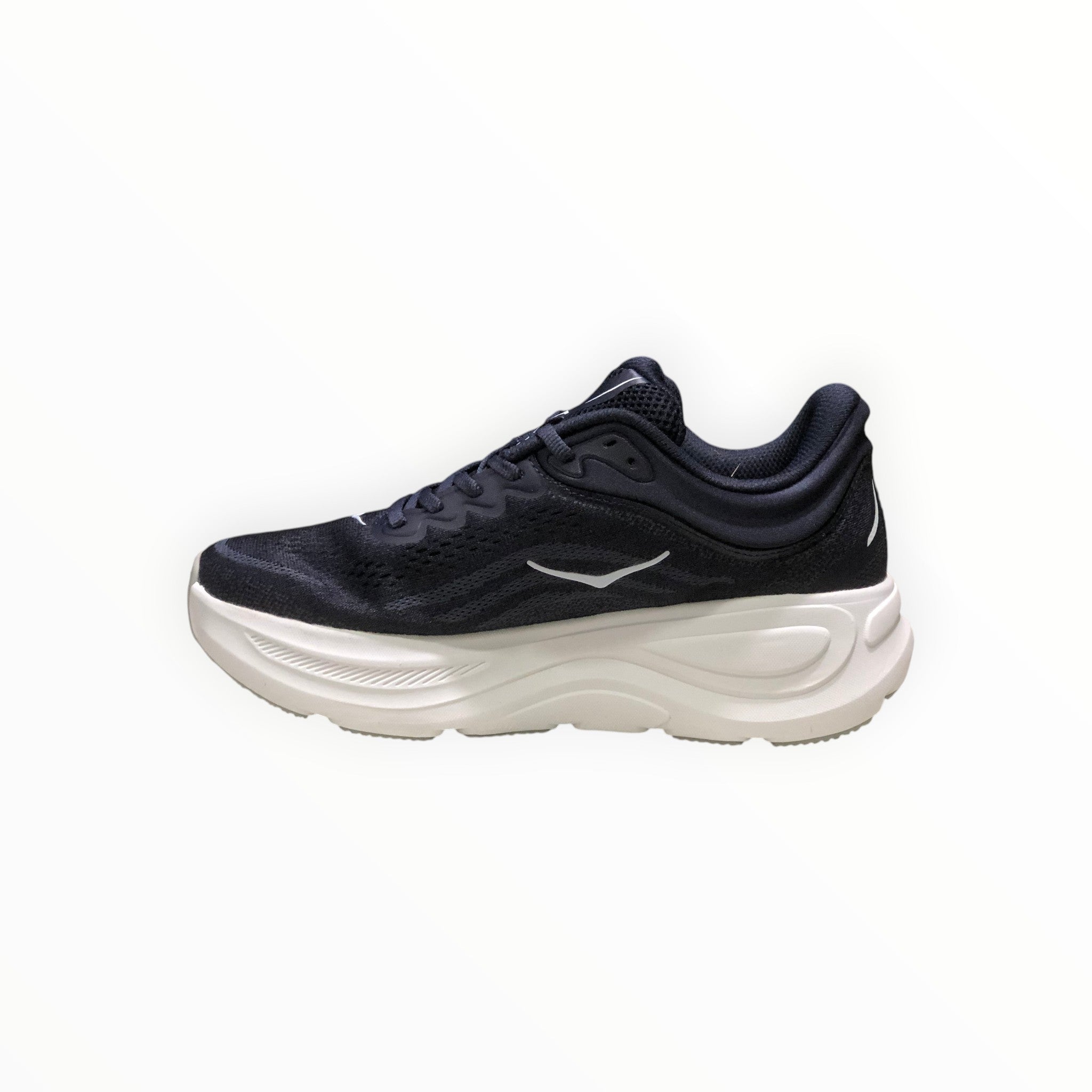 EWW Sports Shoes Hoka Bondi 9 men's navy blue running shoe with white sole and breathable mesh upper.