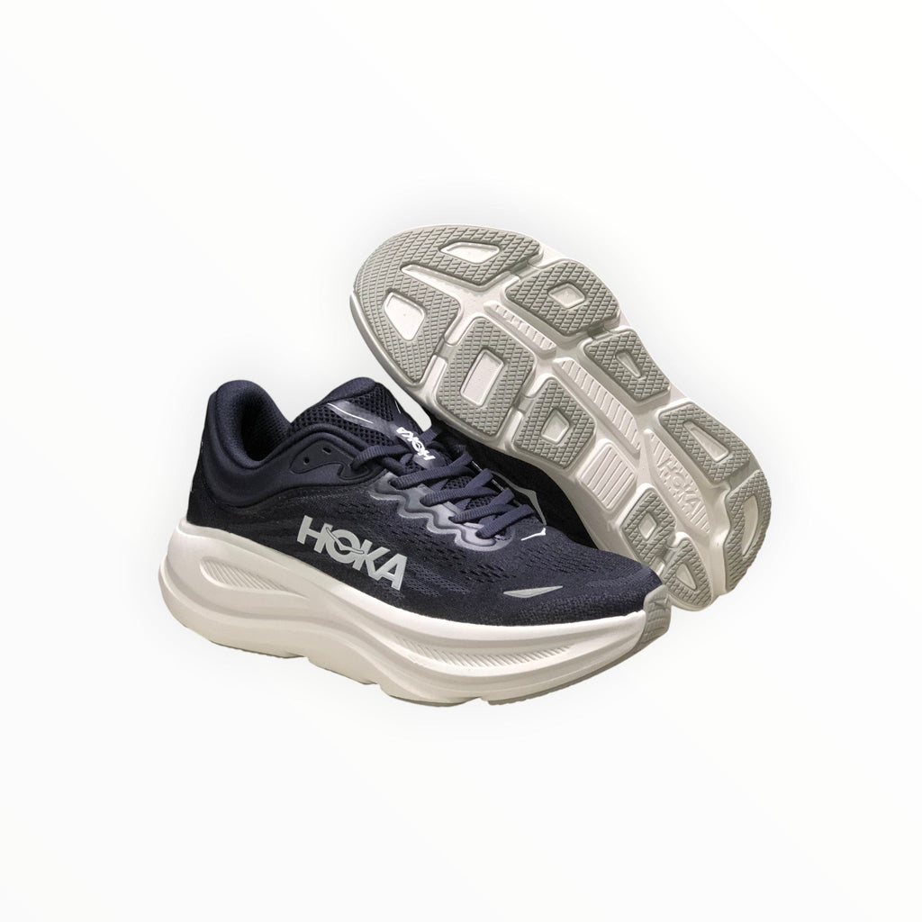 EWW Sports Shoes Hoka Bondi 9 men's navy blue running shoes with white midsole and grey outsole, featuring breathable mesh upper and plush cushioning.