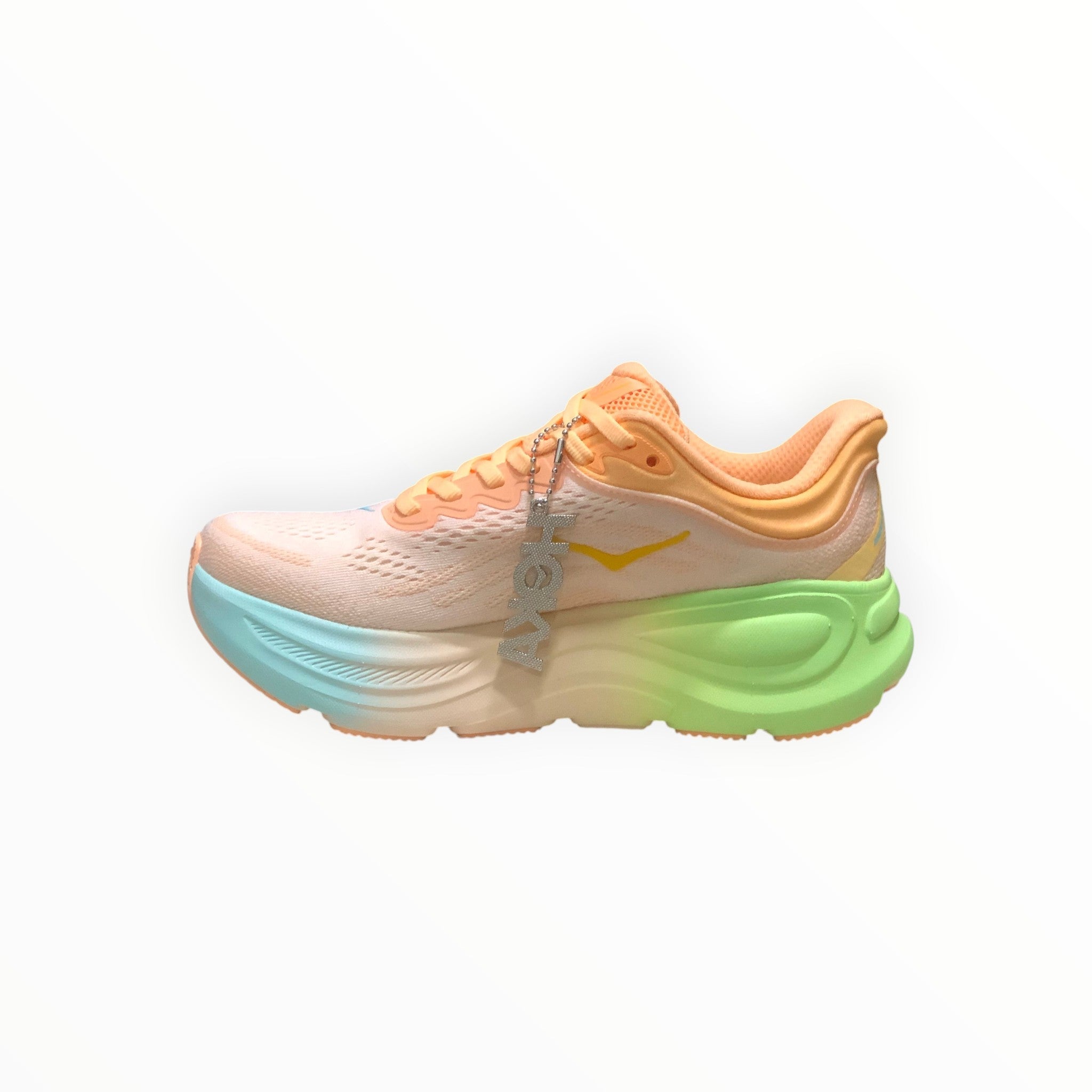EWW Sports Shoes Hoka Bondi 9 men's running shoe in orange, green, and peach with a gradient sole and breathable mesh upper.