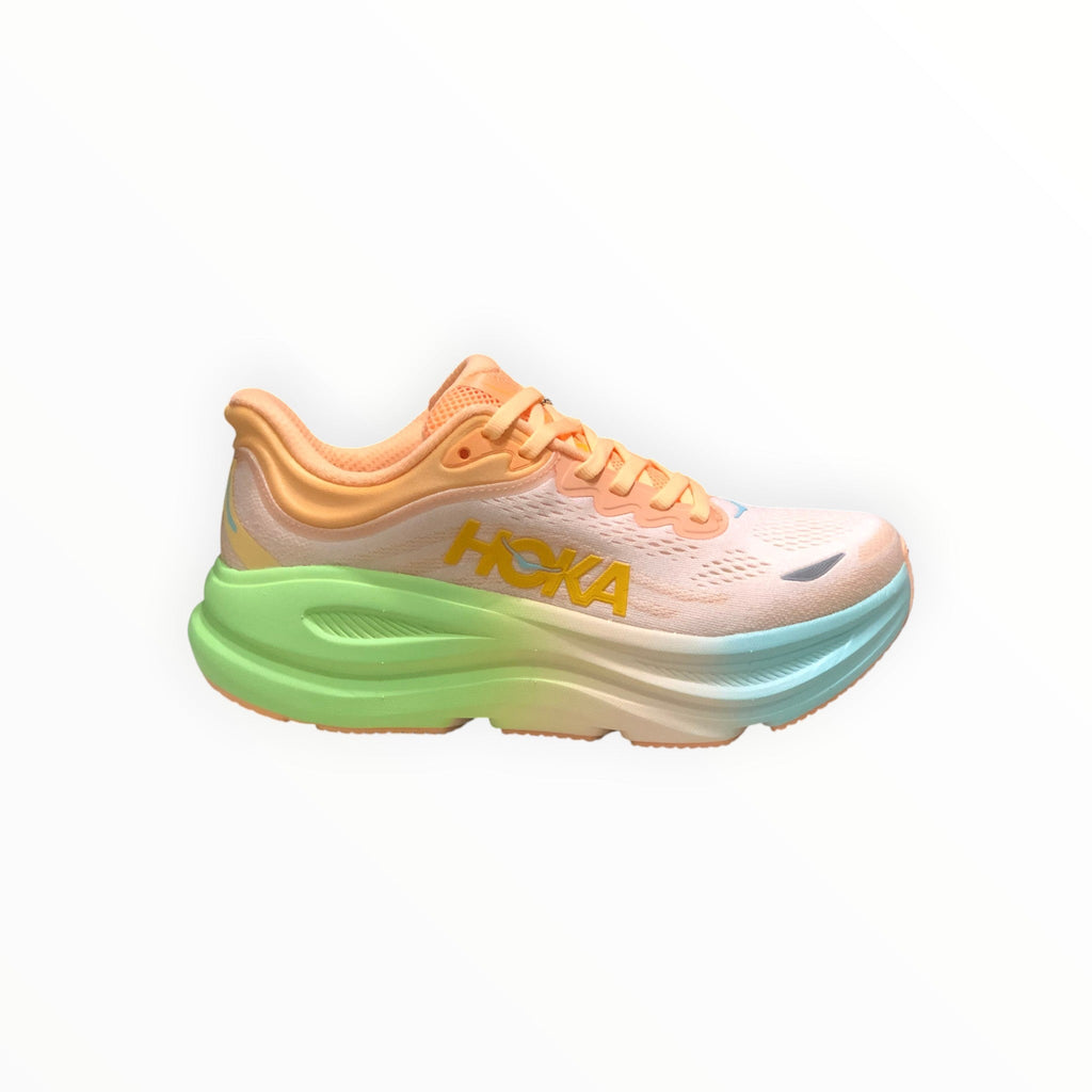 EWW Sports Shoes Hoka Bondi 9 men's running shoe in orange, green, and light blue with plush cushioning and breathable mesh upper.