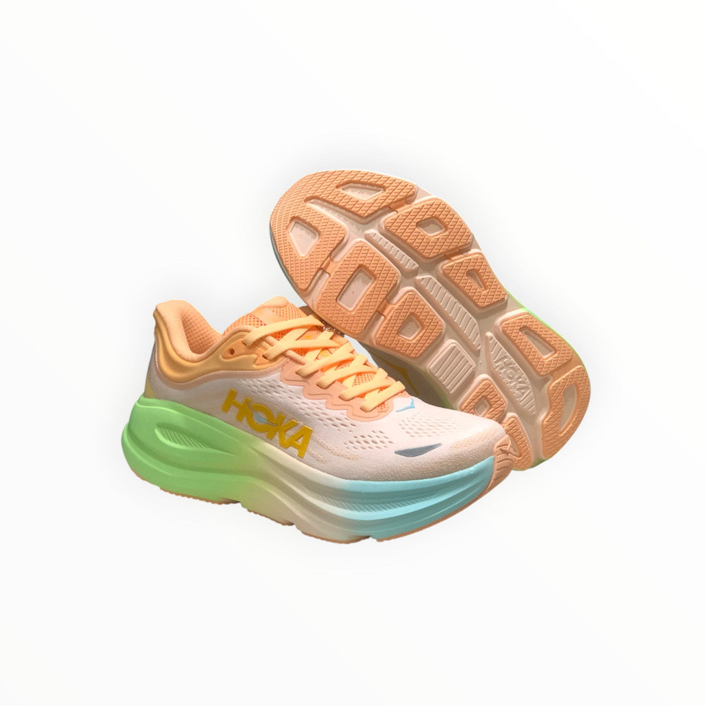 EWW Sports Shoes Hoka Bondi 9 men's running shoes in orange, green, and light blue with plush cushioning and breathable mesh.
