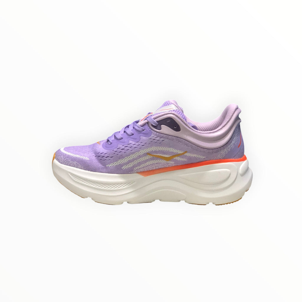 EWW Sports Shoes Hoka Bondi 9 men's purple running shoe with white midsole and orange accents. Breathable mesh upper.