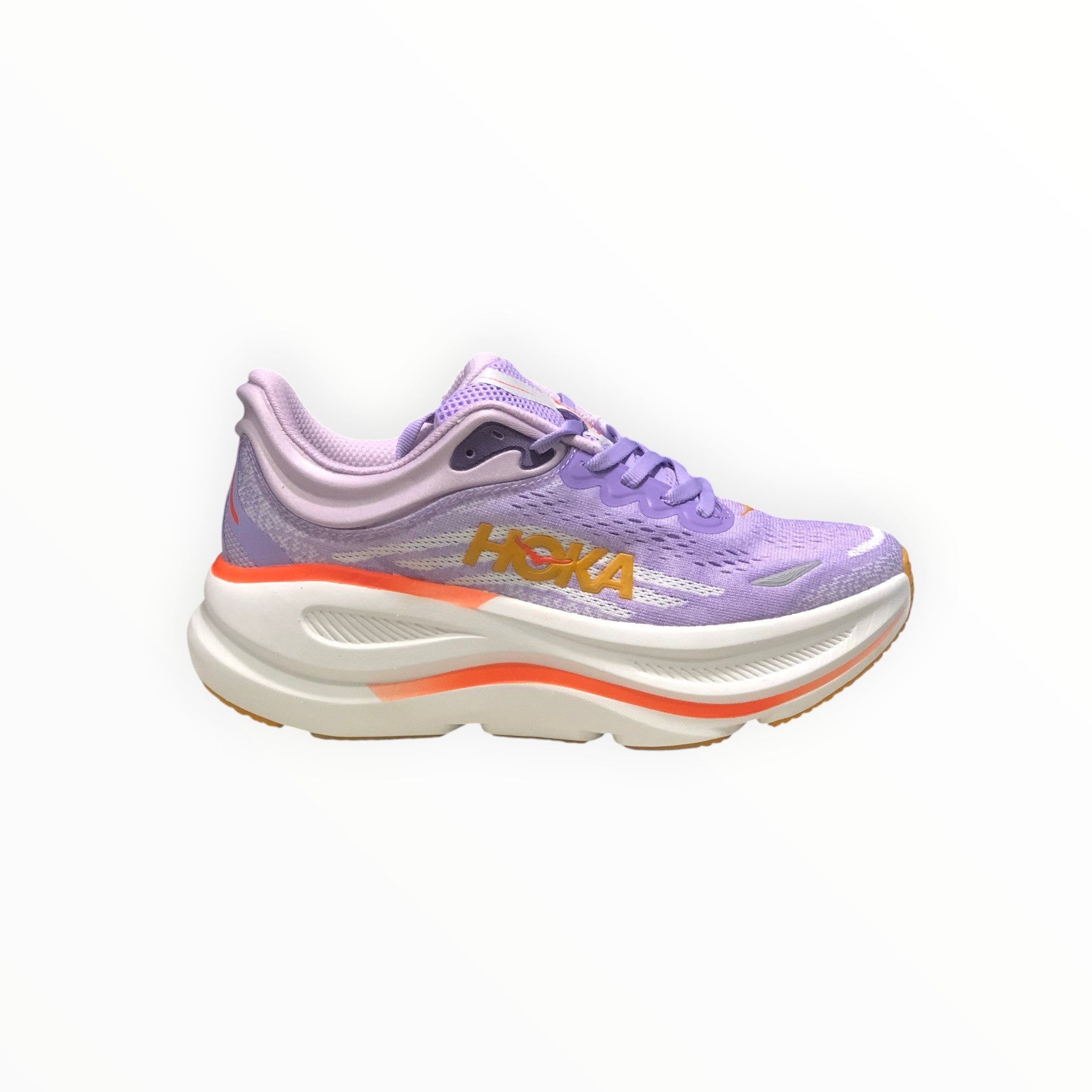 EWW Sports Shoes Hoka Bondi 9 men's purple running shoe with white and orange accents, engineered mesh upper, and plush cushioning.