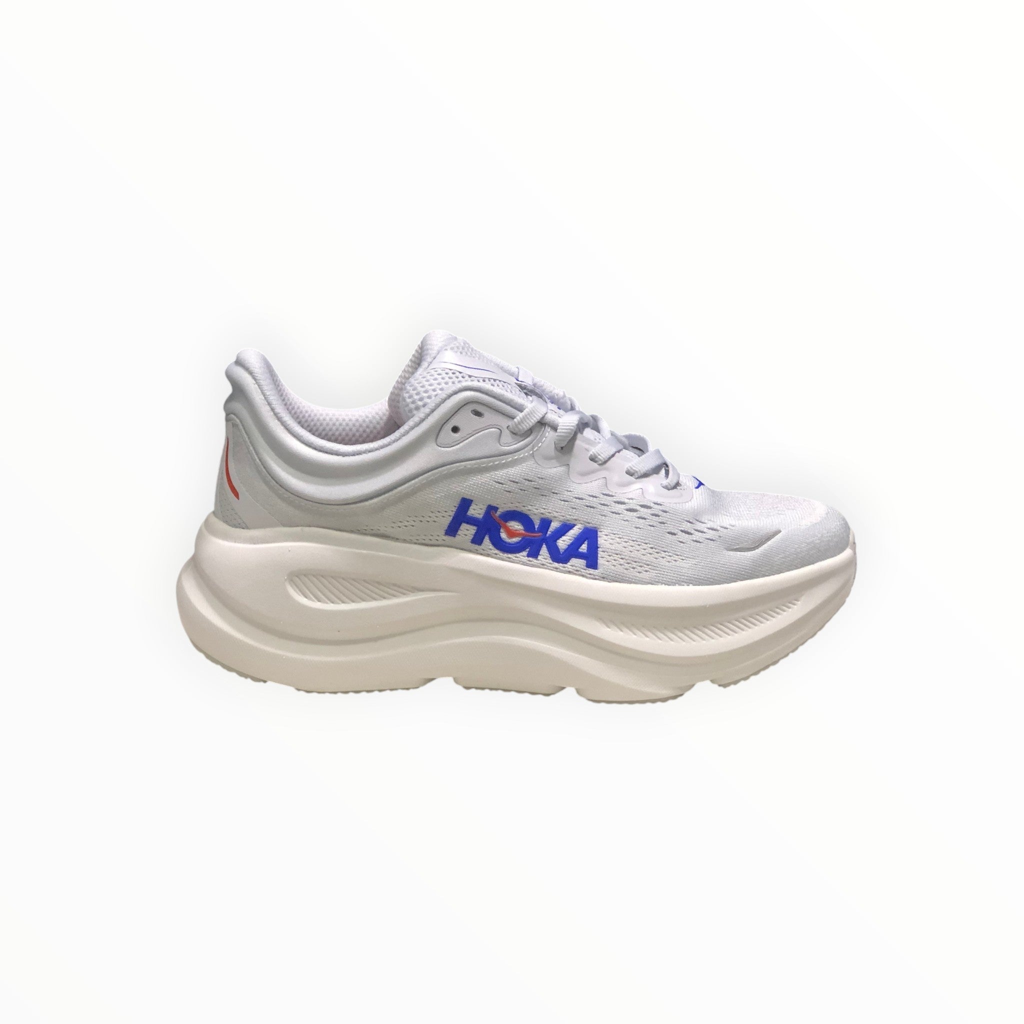EWW Sports Shoes Men's Hoka Bondi 9 white and blue running shoe with maximum cushioning and engineered mesh upper.