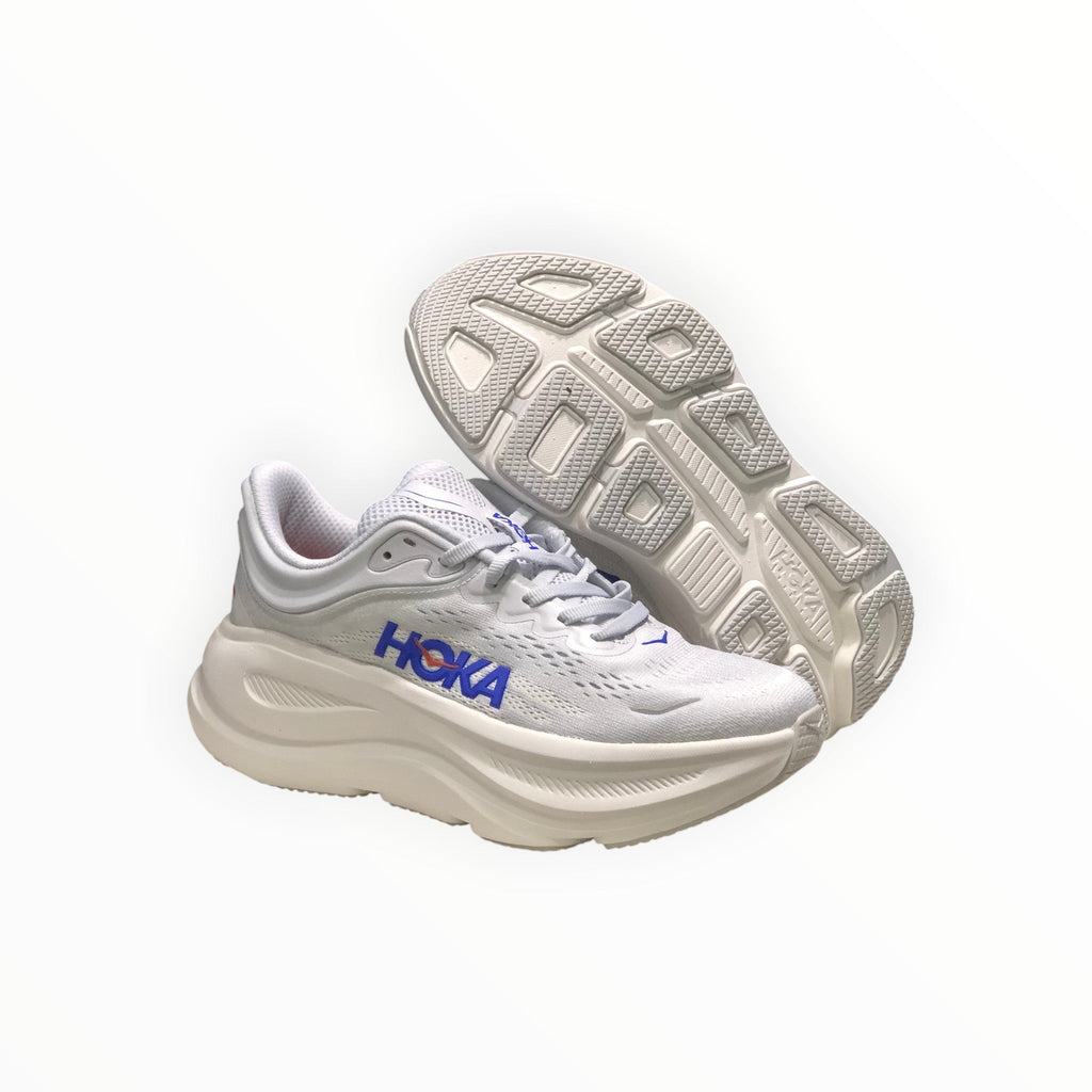 EWW Sports Shoes men's white and blue Hoka Bondi 9 running shoes with plush cushioning and engineered mesh upper.