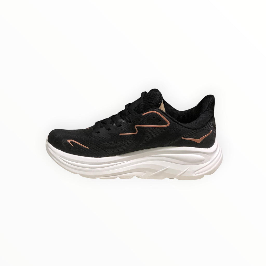 EWW Sports Shoes Men's Hoka Clifton 10 black running shoe with white midsole and brown accents.