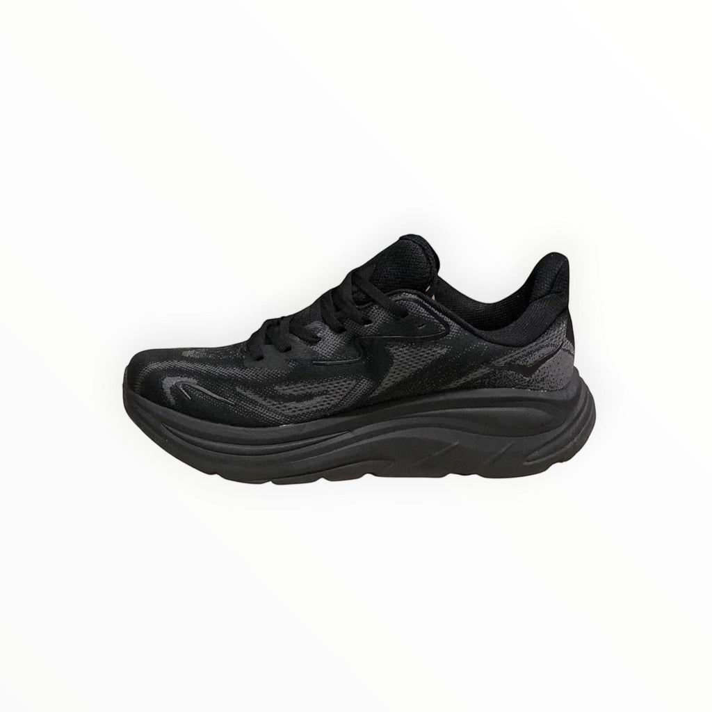 EWW Sports Shoes Men's Hoka Clifton 10 black running shoe with breathable mesh upper and plush cushioning.