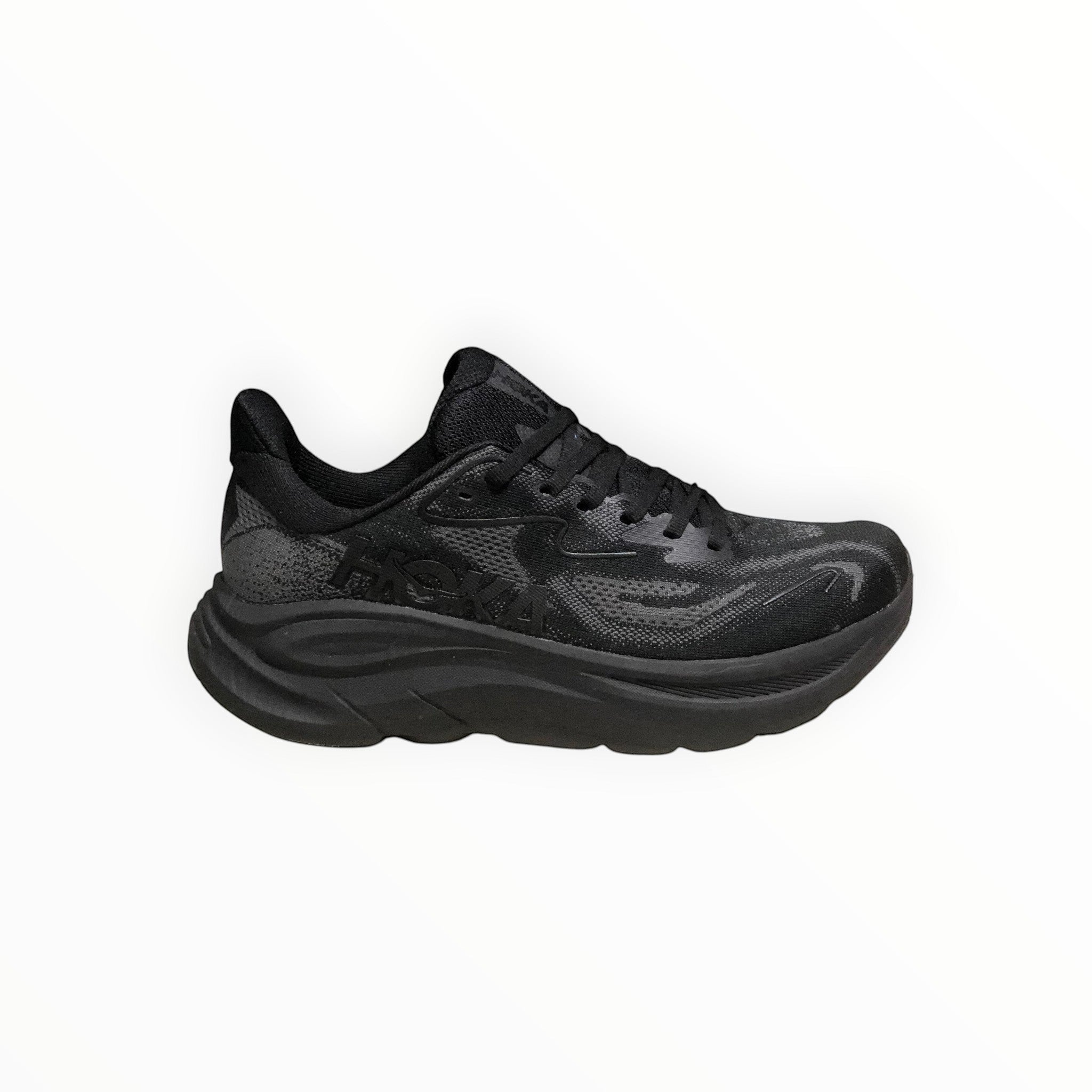 EWW Sports Shoes Men's Hoka Clifton 10 black running shoe with breathable mesh upper and plush cushioning.