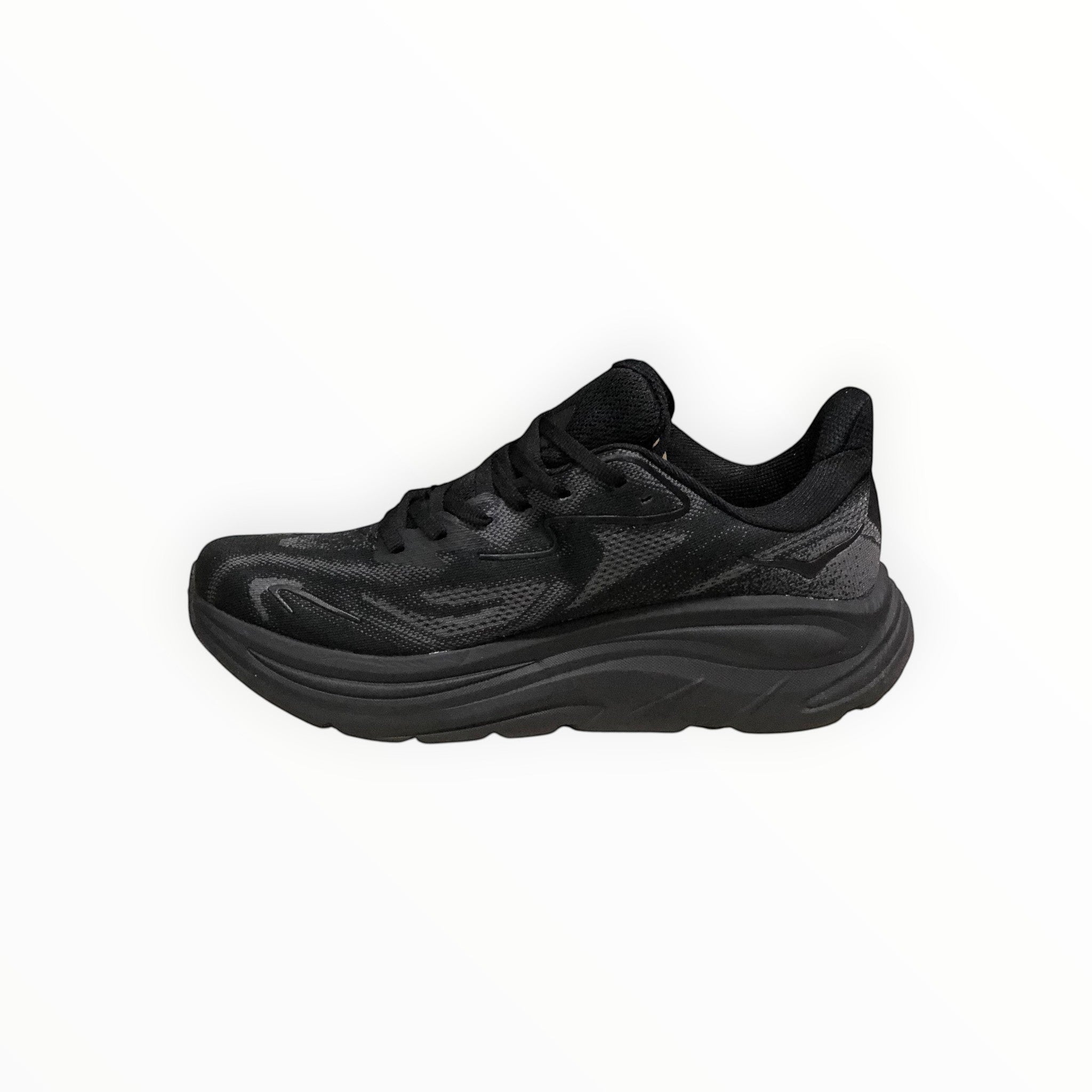 EWW Sports Shoes Men's Hoka Clifton 10 black running shoe with breathable mesh upper and plush cushioning.