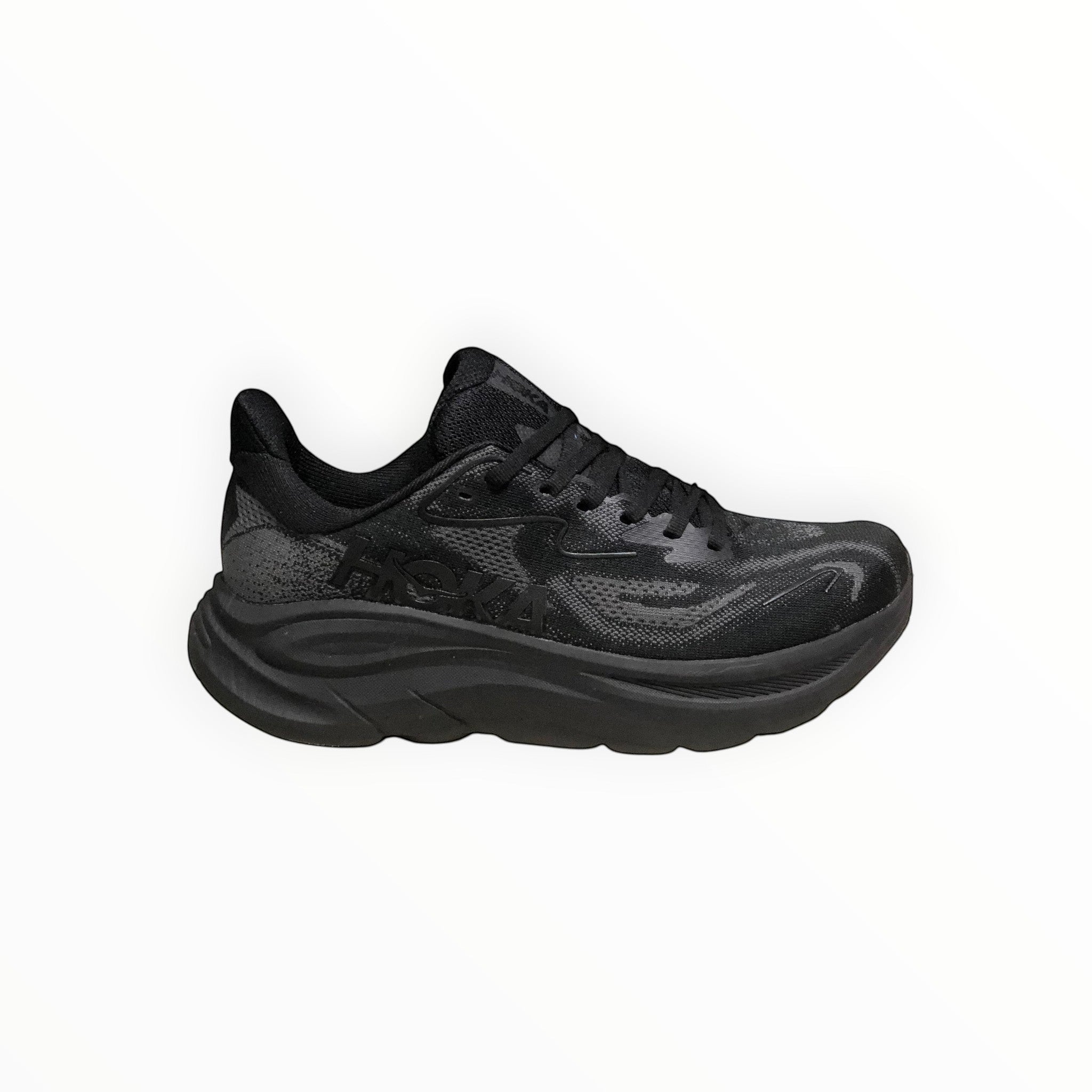 EWW Sports Shoes Men's Hoka Clifton 10 black running shoe with breathable mesh upper and signature cushioning.