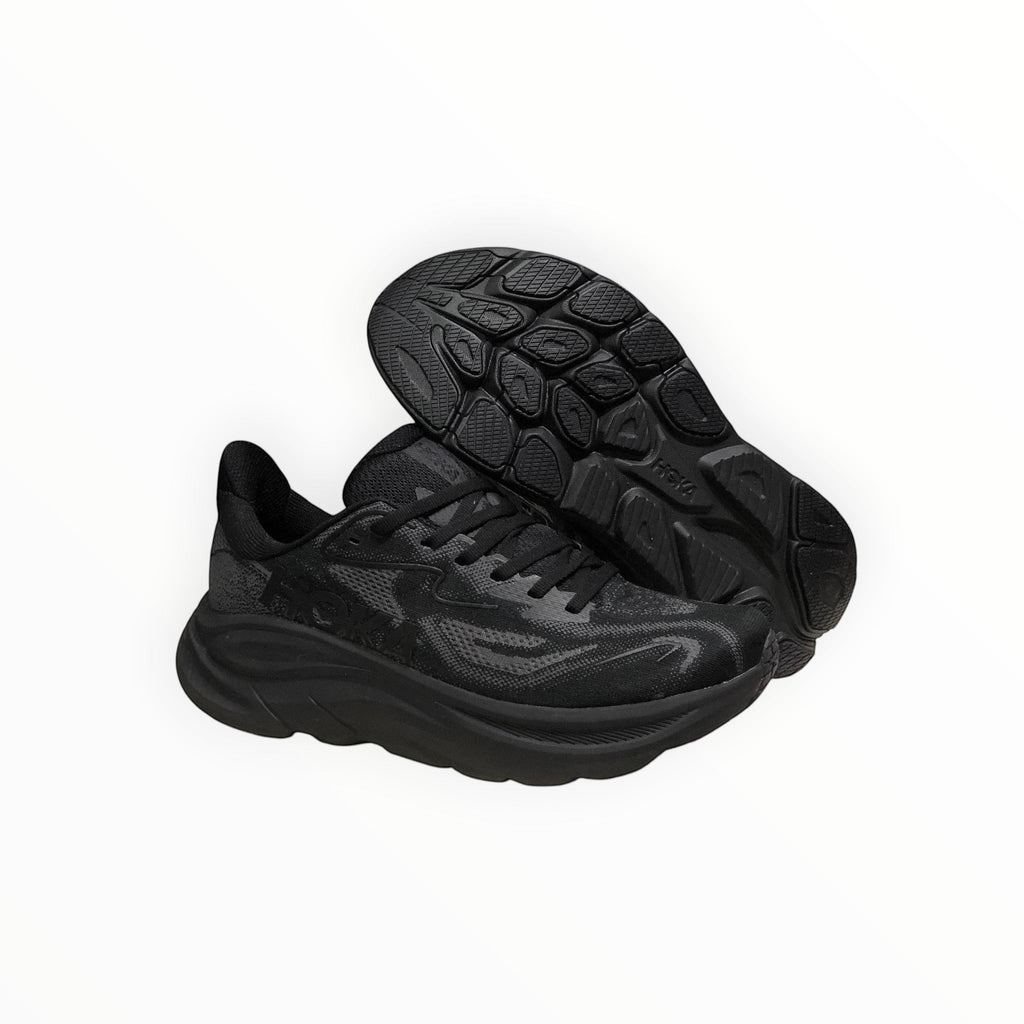 EWW Sports Shoes Men's Hoka Clifton 10 black running shoes with breathable mesh upper and signature cushioning.