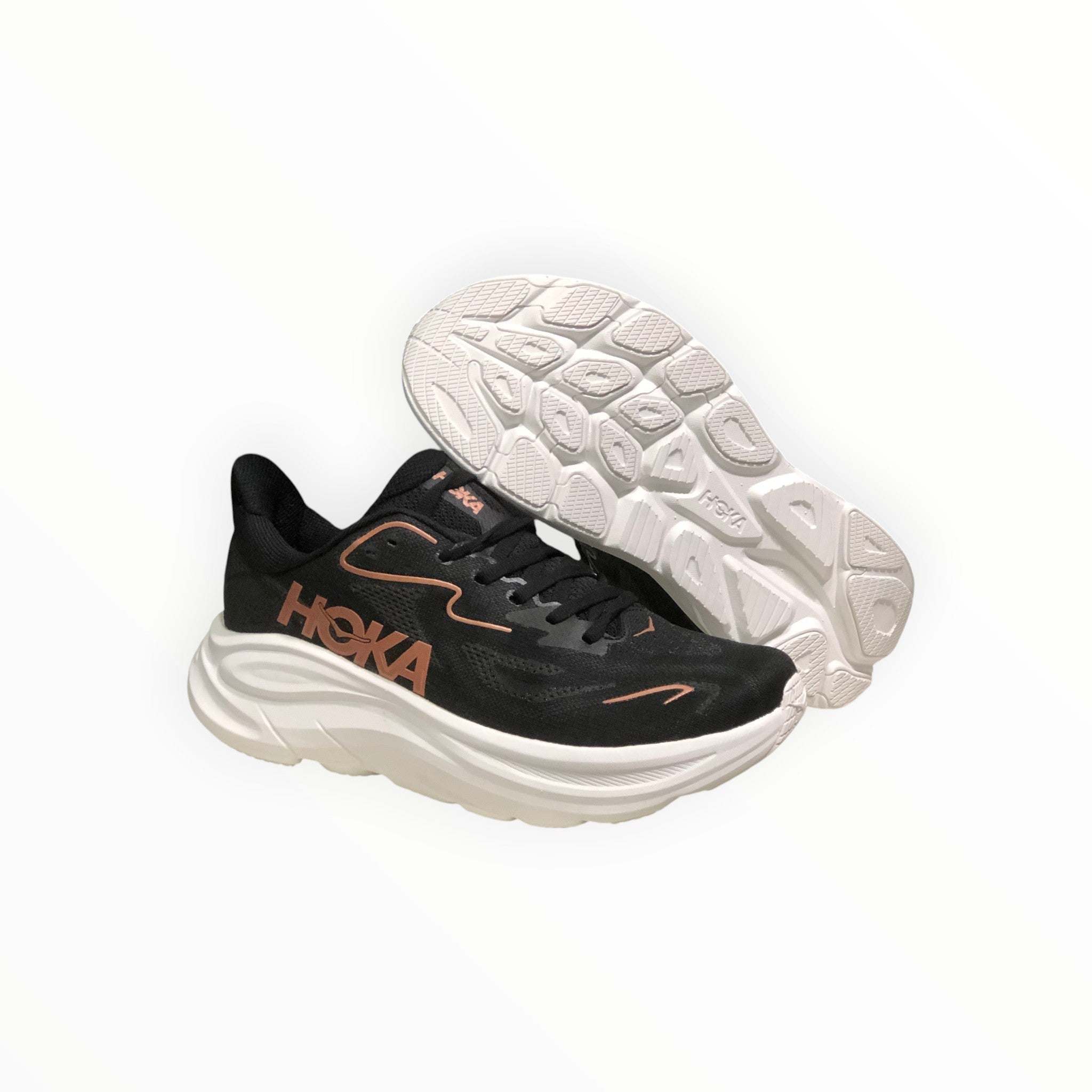 EWW Sports Shoes Men's Hoka Clifton 10 black running shoes with white soles and rose gold accents.