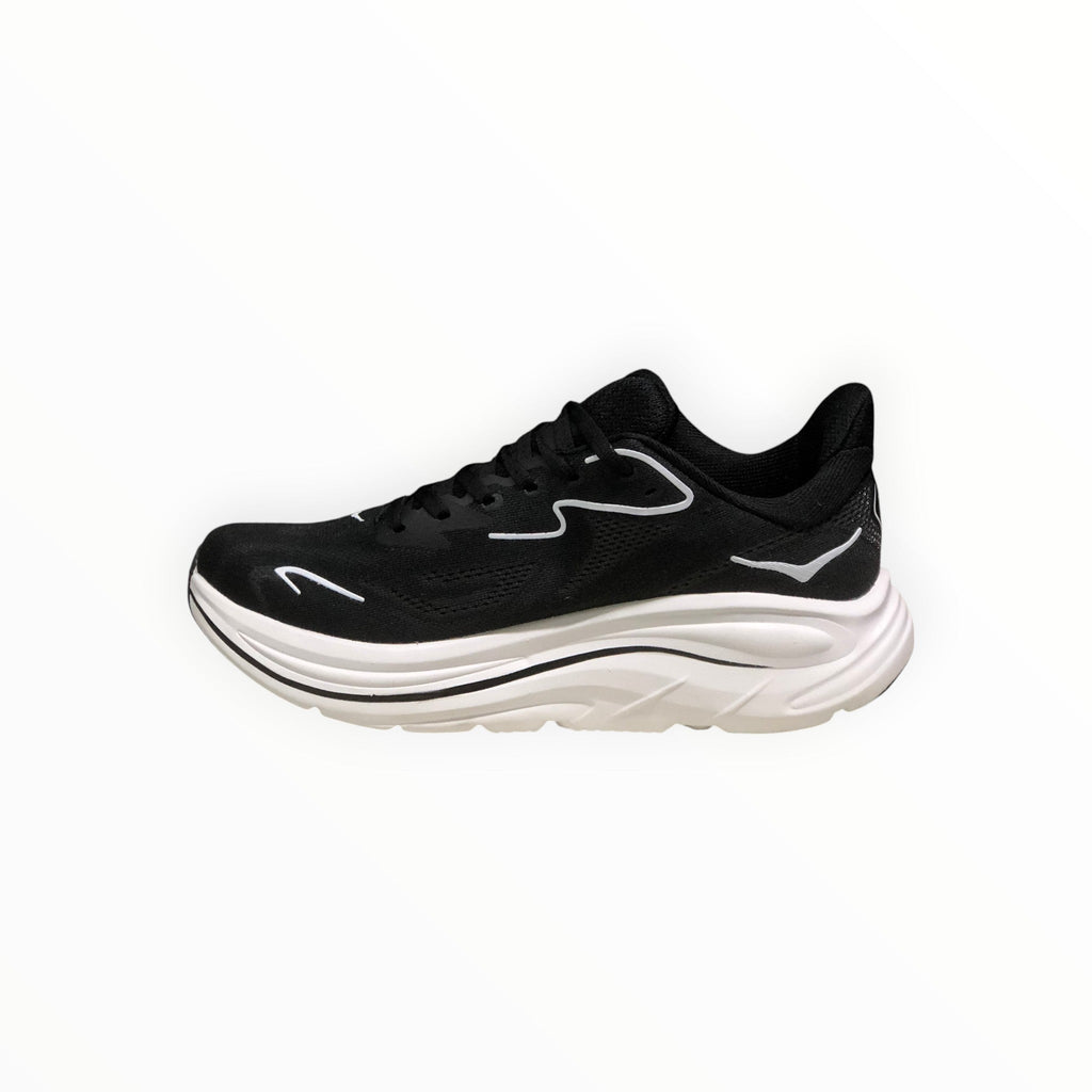 EWW Sports Shoes Men's Hoka Clifton 10 black and white running shoe with breathable mesh upper and cushioned sole.