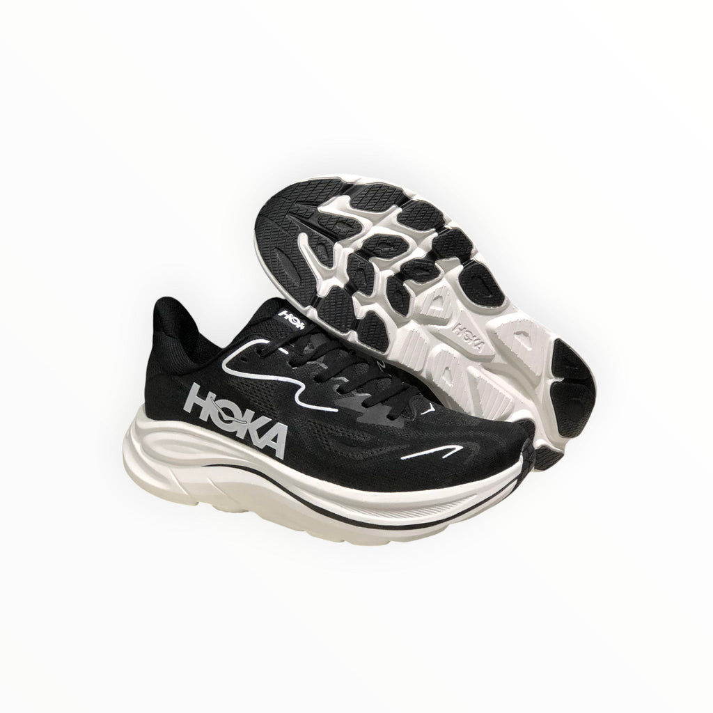 EWW Sports Shoes Men's Hoka Clifton 10 black and white running shoes with breathable mesh upper and cushioned sole.