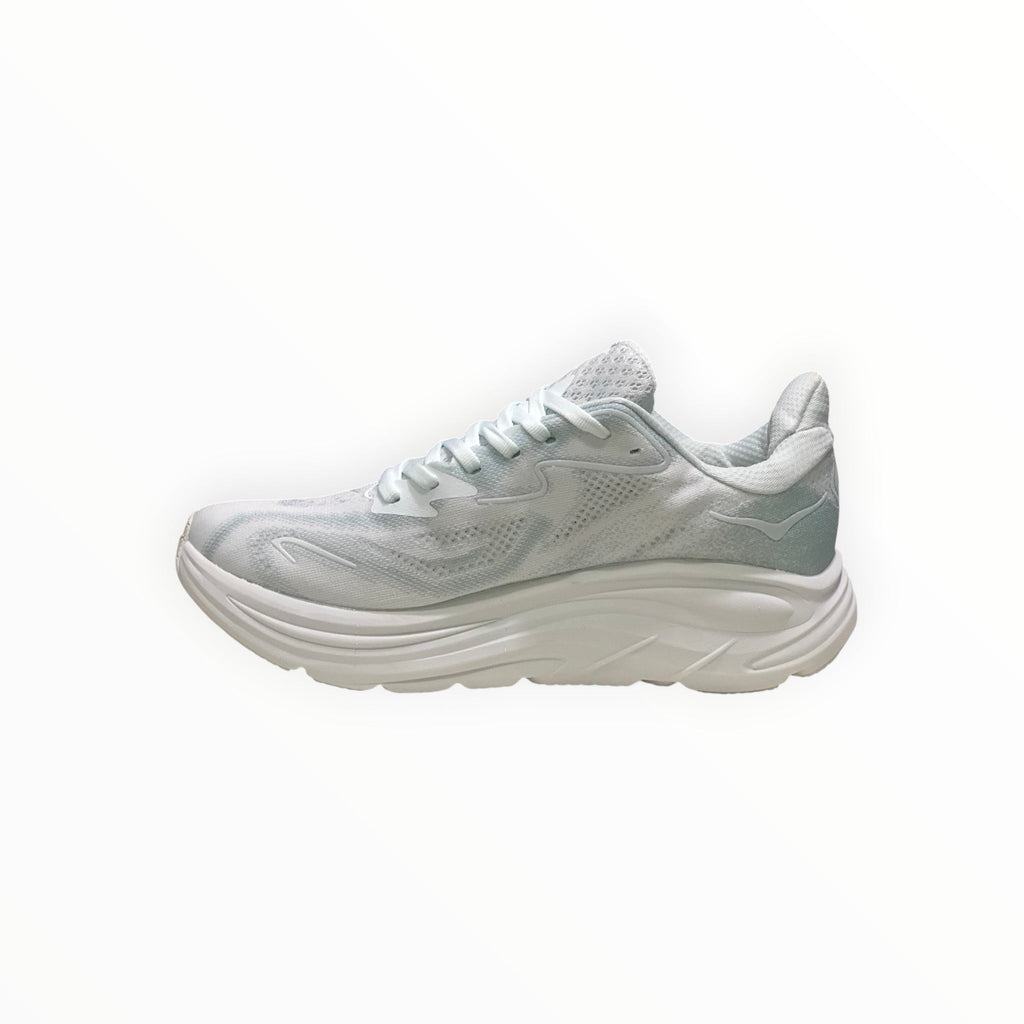 EWW Sports Shoes Men's Hoka Clifton 10 running shoe in blue and white, with breathable mesh upper and plush cushioning.
