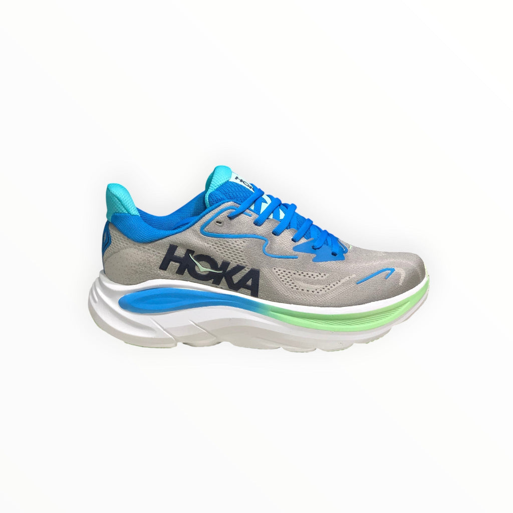 EWW Sports Shoes Men's Hoka Clifton 10 grey and blue running shoe with breathable mesh upper and cushioned sole.
