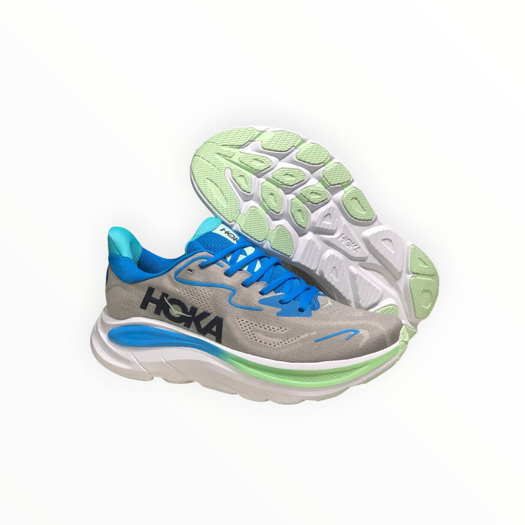 EWW Sports Shoes Men's Hoka Clifton 10 grey and blue running shoes with breathable mesh upper and cushioned sole.