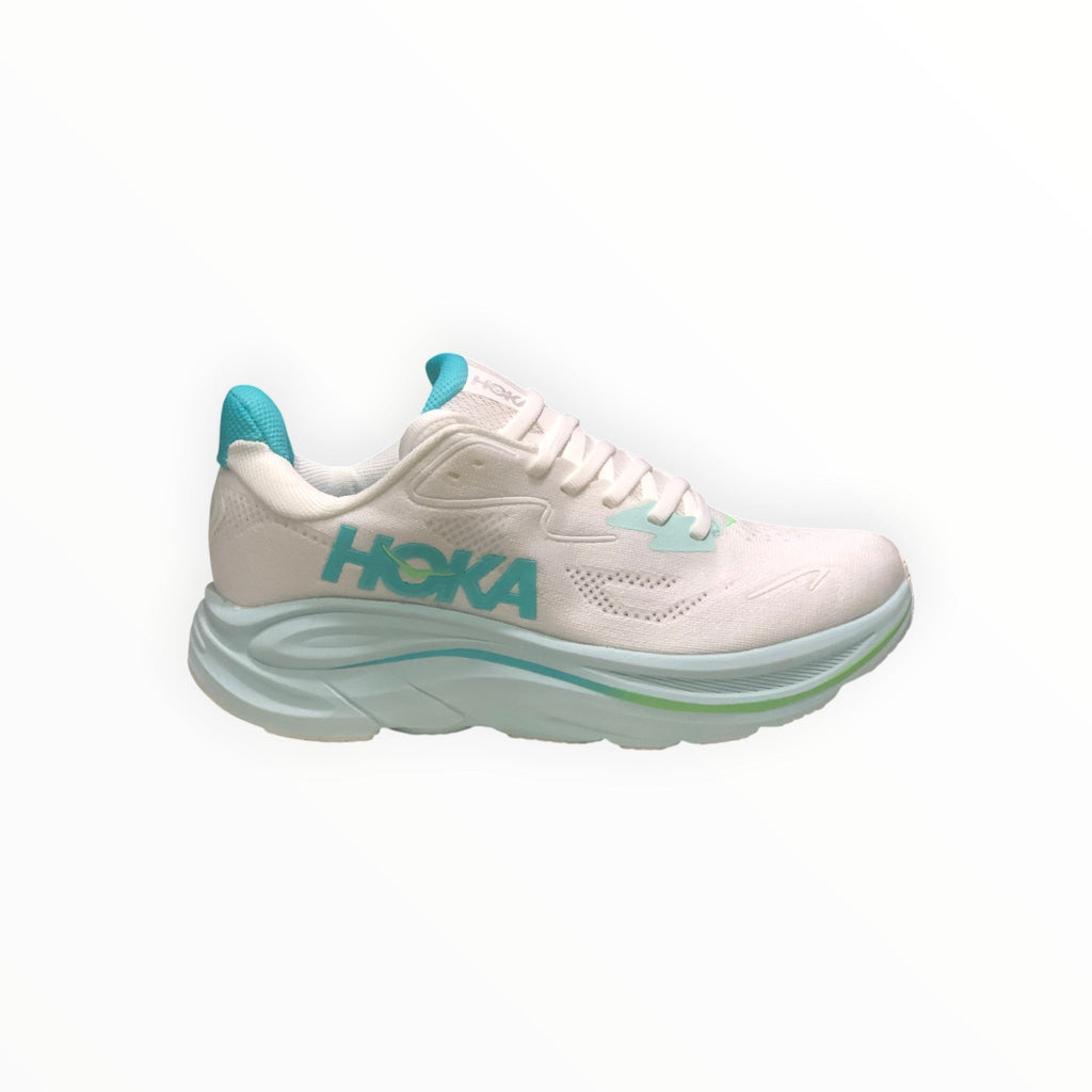 EWW Sports Shoes Men's Hoka Clifton 10 light blue and white running shoe with breathable mesh upper and plush cushioning.
