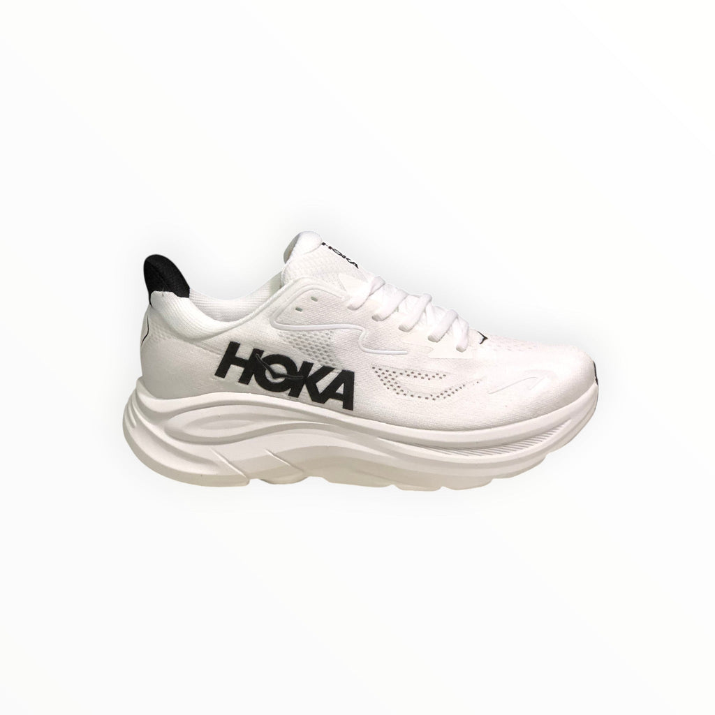 EWW Sports Shoes men's white Hoka Clifton 10 running shoe with black Hoka logo and black heel tab. Lightweight mesh upper and cushioned sole.