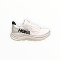 EWW Sports Shoes men's white Hoka Clifton 10 running shoe with black Hoka logo and black heel tab. Lightweight mesh upper and cushioned sole.