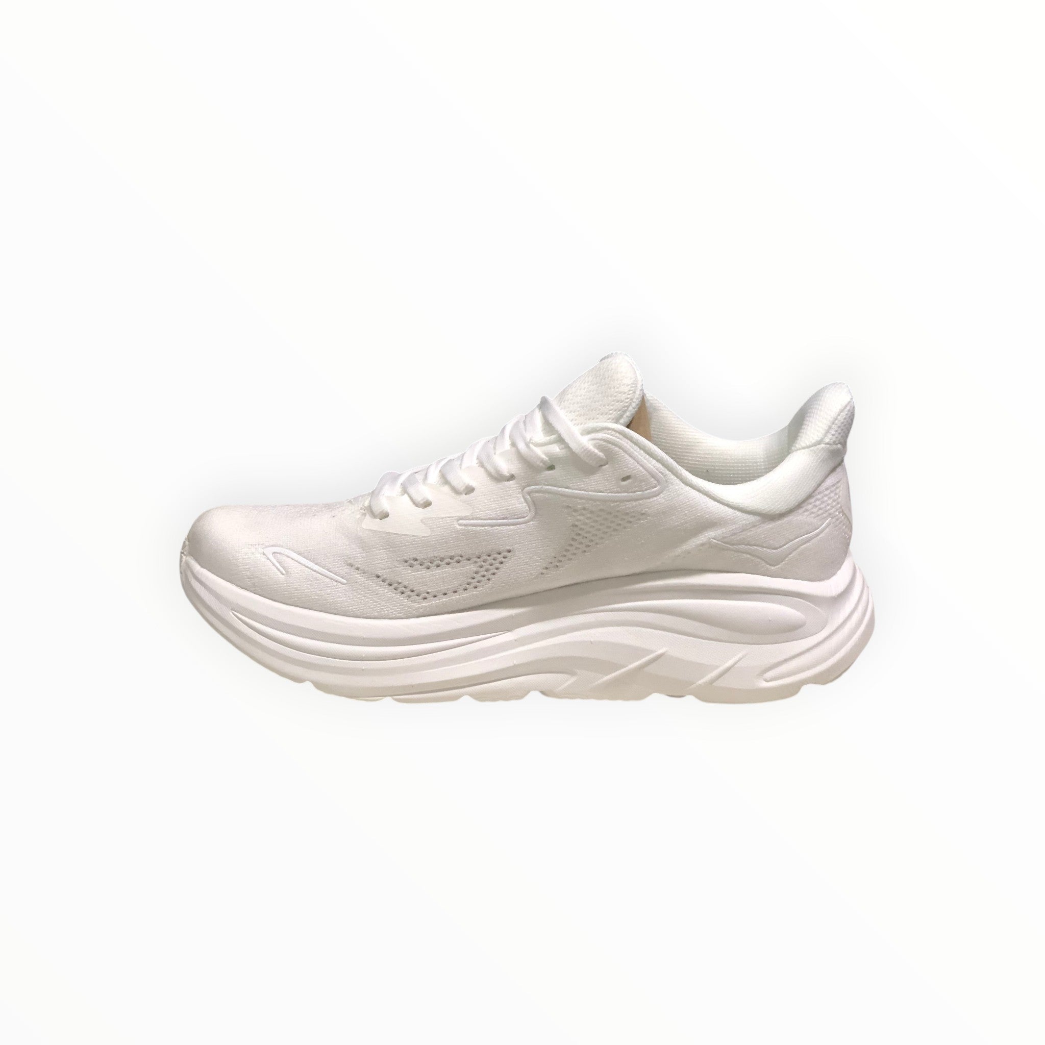 EWW Sports Shoes Men's Hoka Clifton 10 white engineered mesh running shoe with plush cushioning and Meta-Rocker technology.
