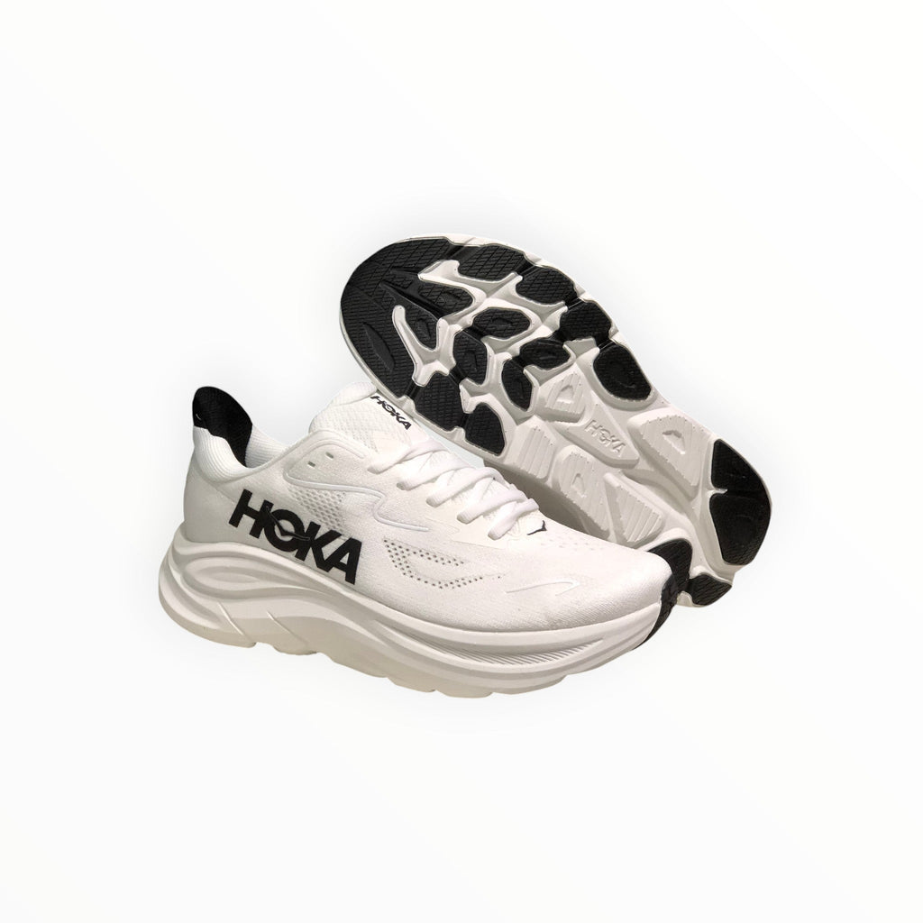 EWW Sports Shoes Men's Hoka Clifton 10 white running shoes with black accents and Hoka logo. Breathable mesh upper, cushioned sole.