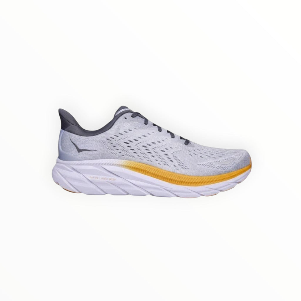 EWW Sports Shoes Men's Celeste Yellow Hoka Clifton 8 running shoes with breathable mesh upper and cushioned sole.