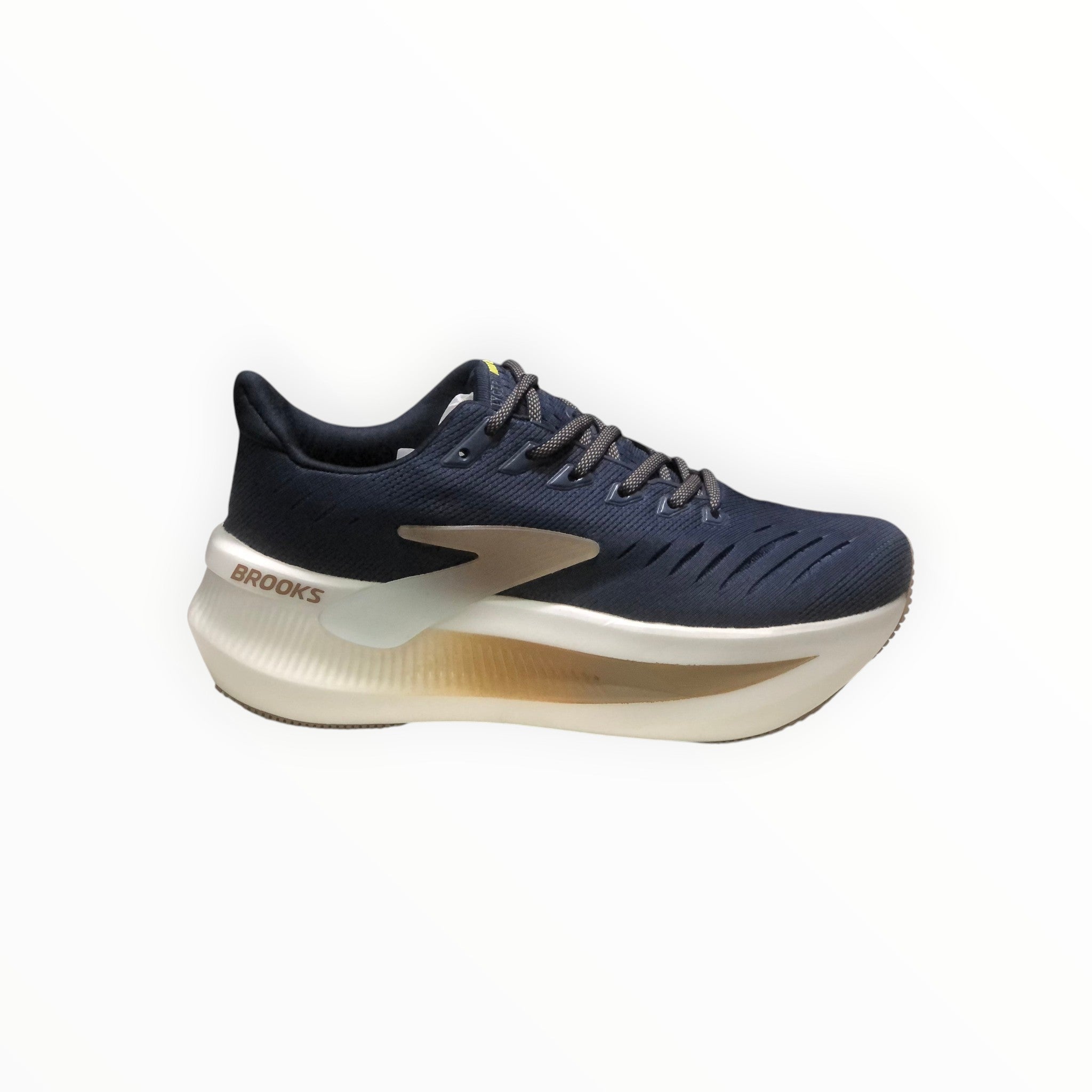 EWW Sports Shoes Men's Glycerin Max 2 running shoes in navy blue with gold accents and a thick white sole.