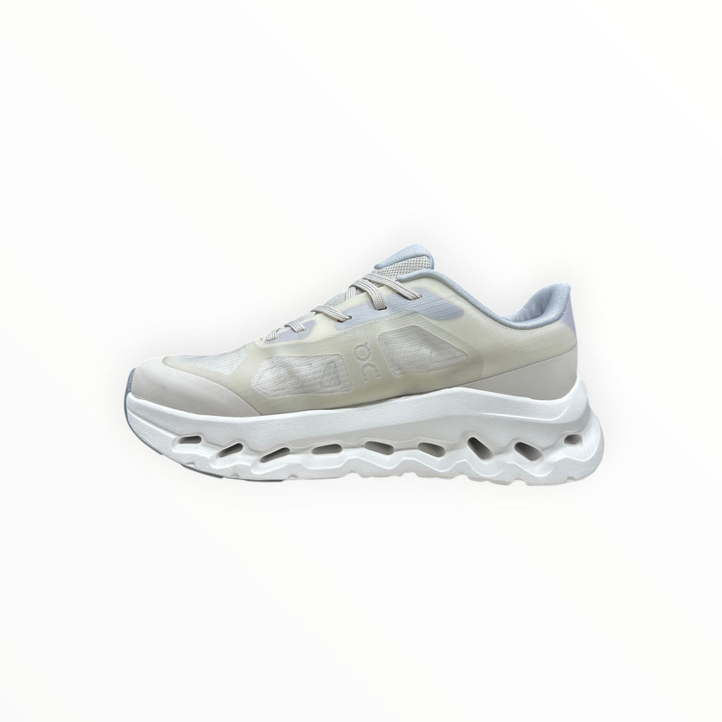 EWW Sports Shoes On Cloudtilt Remix cream sneakers with layered see-through upper and white CloudTec Phase cushioning.
