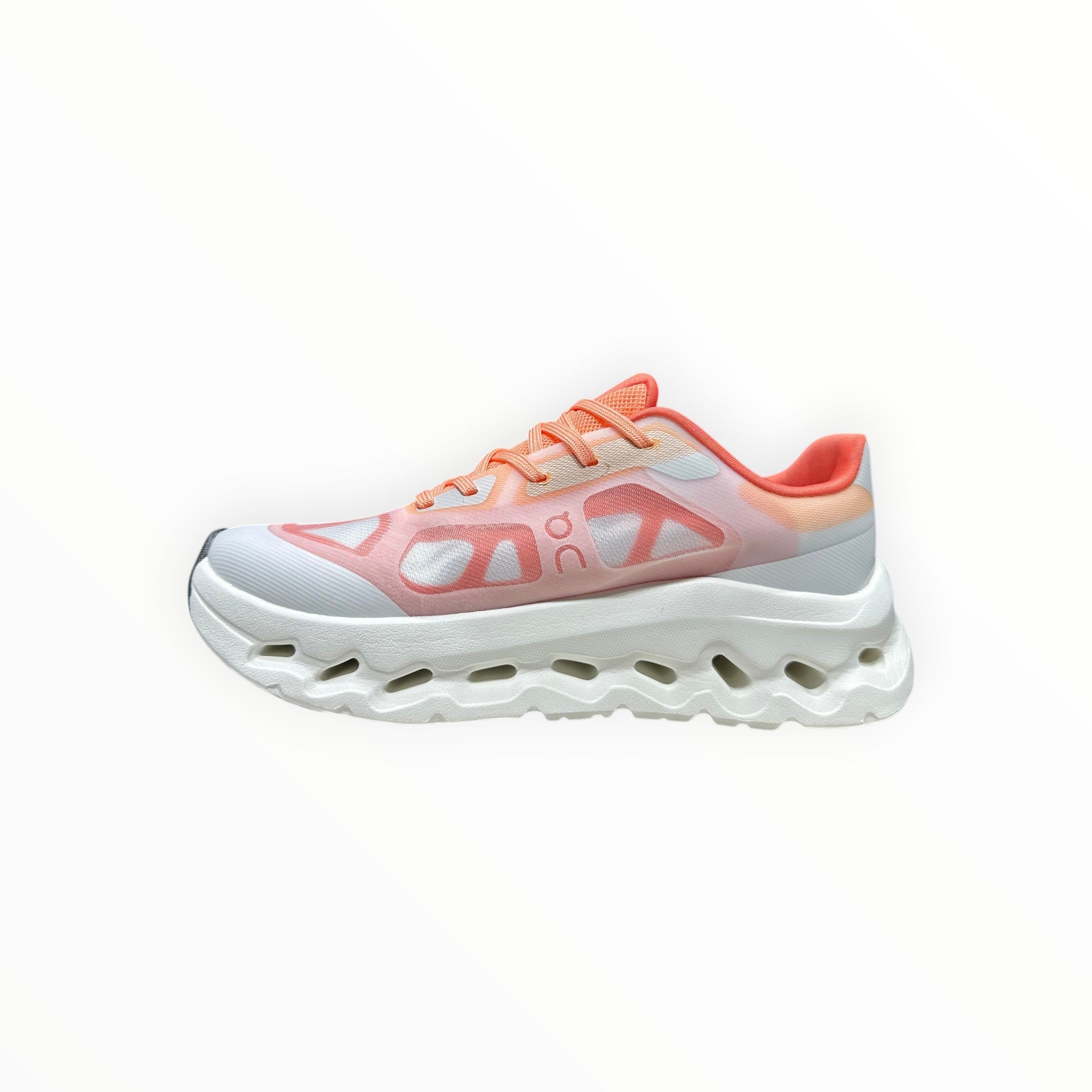 EWW Sports Shoes On Cloudtilt Remix grey and orange running shoes with a translucent layered upper and chunky white sole.