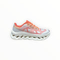 EWW Sports Shoes On Cloudtilt Remix grey and orange running shoes with see-through upper and white chunky sole.